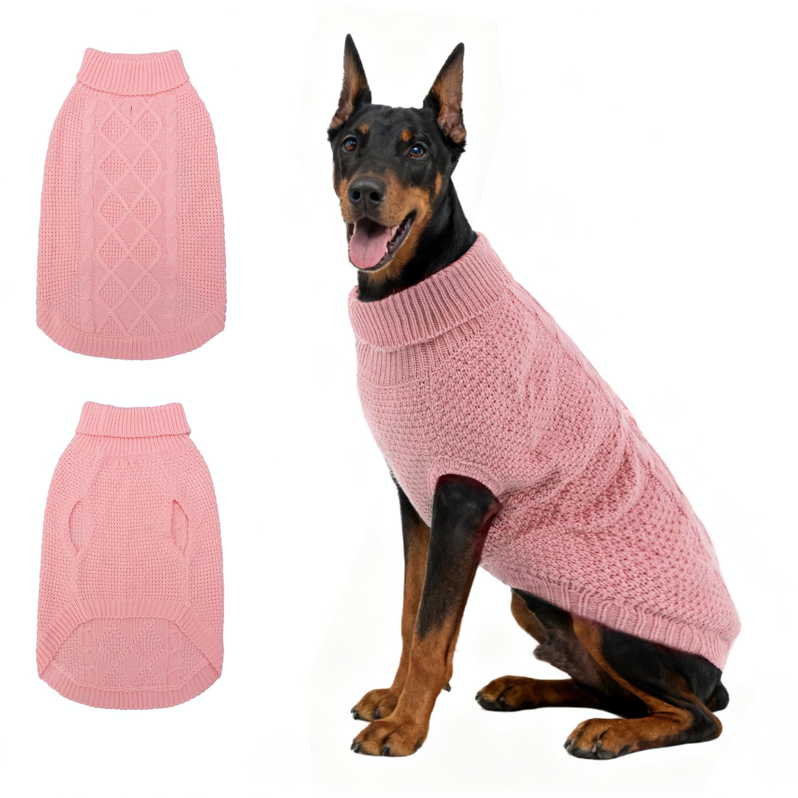 Mihachi Turtleneck Dog Sweater - Winter Coat Apparel Classic Cable Knit Clothes with Leash Hole for Cold Weather, Ideal Gift for Pet in New Year Pink 2XL
