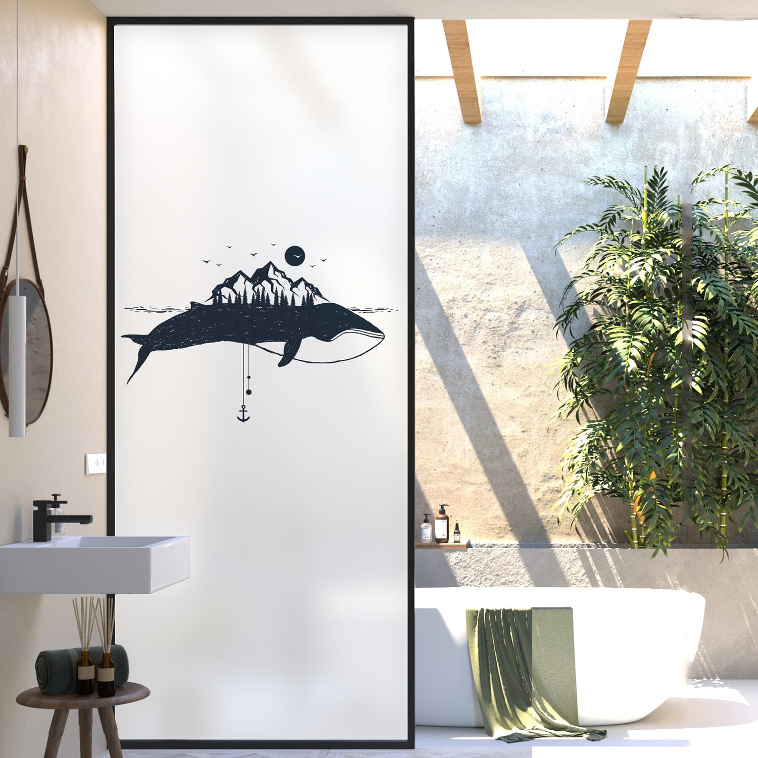 XQKXHZ One Way Window Film Privacy Day and Night,Frosted Opaque Window Film Static Cling Glass Decorative Films Sun Blocking Non-Adhesive Premium Vinyl,for Glass Doors,Bathroom,Kitchen,C,60x150cm