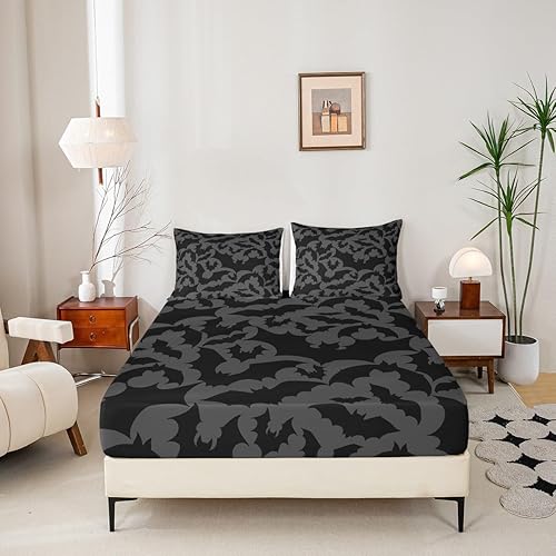 Miniatura 5 de Castle Fairy Juego de sábanas con temática de Halloween, tamaño Queen, juego de ropa de cama con estampado de animales de murciélagos negros