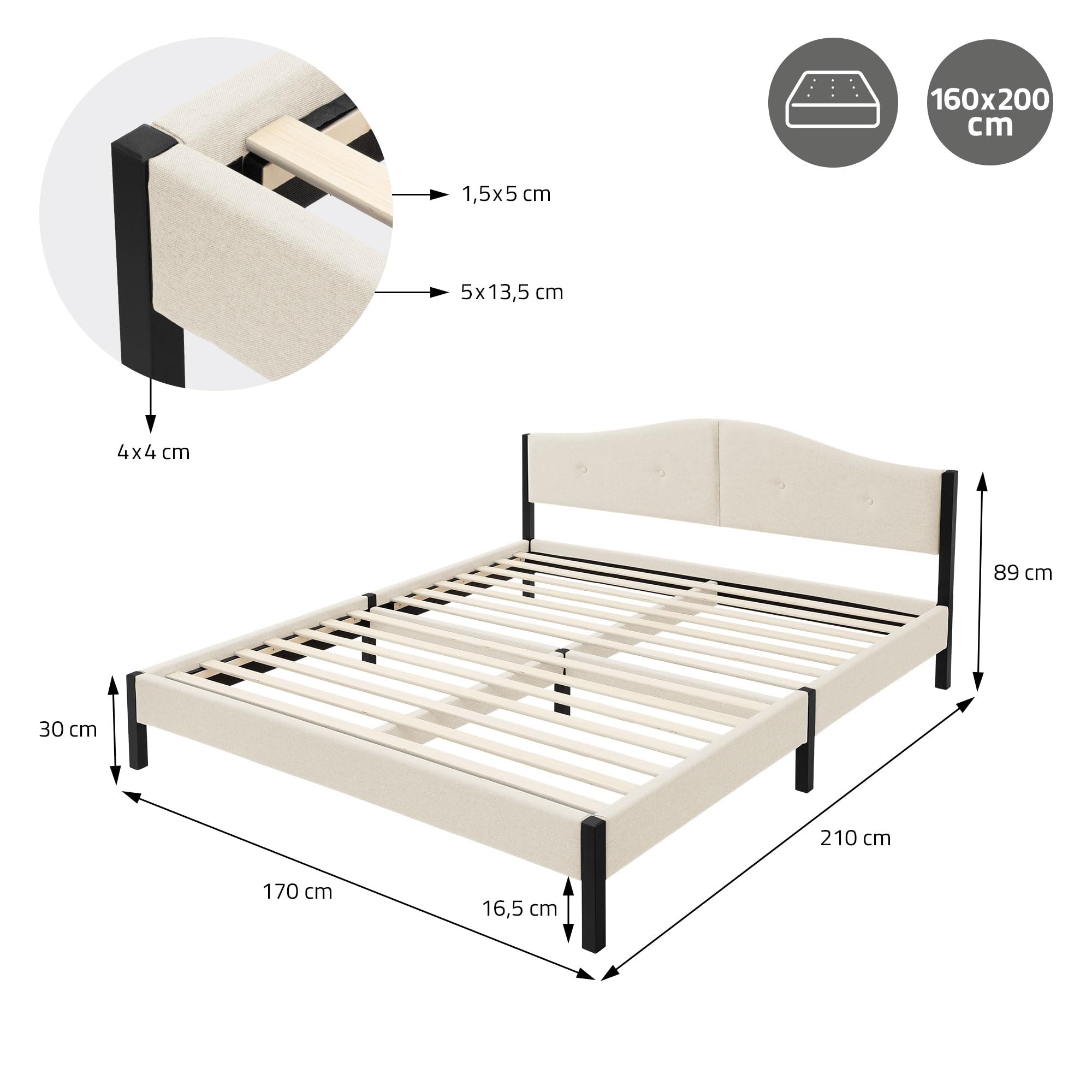 ML-Design Lit Rembourré 160x200 cm, Cadre de Lit Double avec Sommier à Lattes et Têtière, Capitonné en Tissu de Lin Beige, Structure Stable en Acier, Mobilier pour Chambre à Coucher, Montage Simple