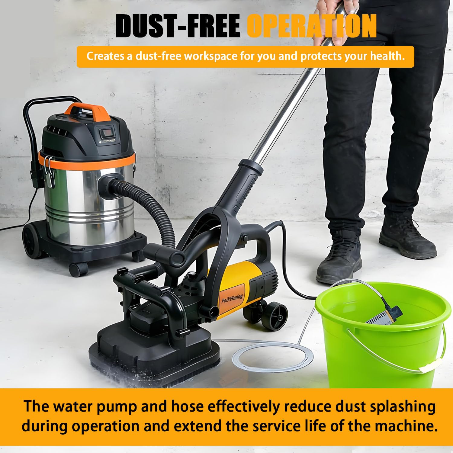 Set Smerigliatrice per Calcestruzzo a 4 Teste, Levigatrice da 4” (6000 Giri/min) con Regolazione a 6 velocità e Cuffia di Aspirazione Polveri — Ideale per Pavimenti in Cemento, Marmo