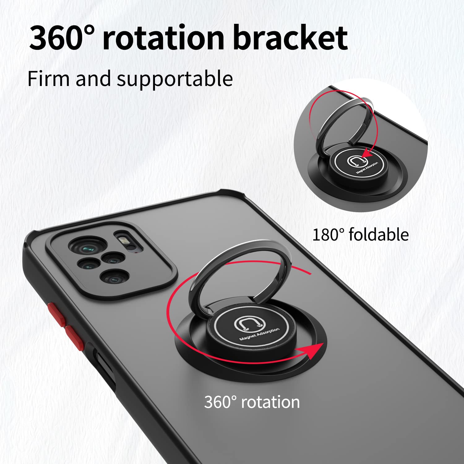 WOBURN Cover Per Xiaomi Redmi Note 10 Pro – Custodia Antiurto In TPU E PC, Anello Girevole, Effetto Traslucido, Nero E Rosso - 3