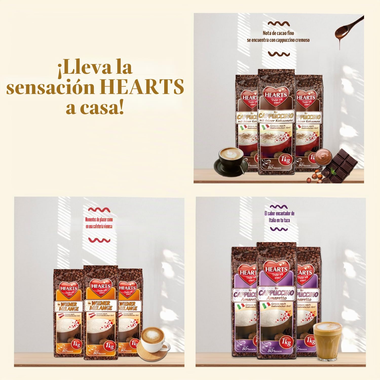 HEARTS Cappuccino Mix, 6 paquetes de degustación de 1 kg (mezcla vienesa, crema irlandesa, amaretto, caramelo, blanco y con fina nota de cacao) Paquete familiar