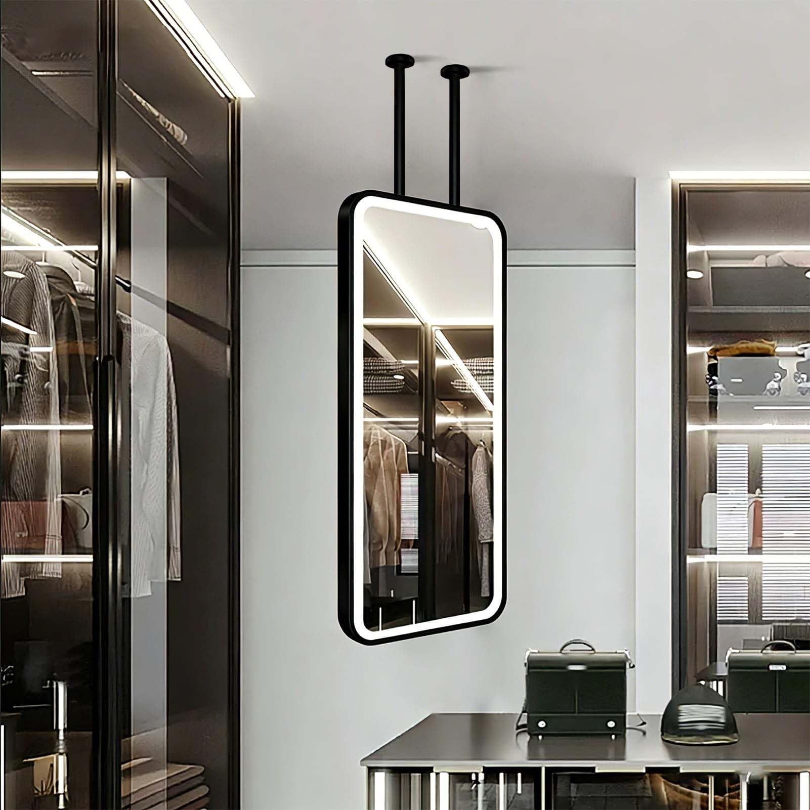 THEGA Ceiling Hanging Mirror With LED Light, Ceiling-mounted Mirror With Light For Bathroom, Touch Button, Suspended Bathroom Vanity Makeup For Bedroom Cloakroom Living Room(80L x 40W cm)