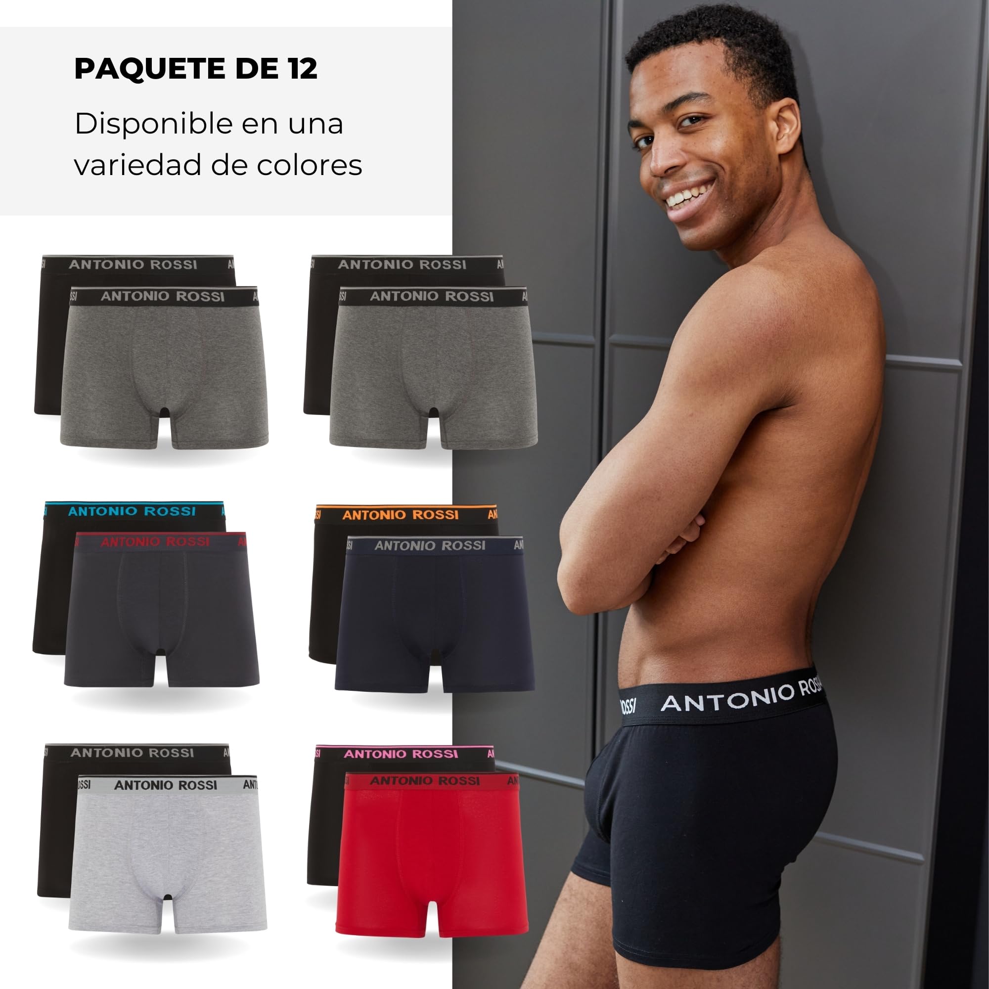 Antonio Rossi Paquete de 12 Boxers Ajustados para Hombre - Calzoncillos Tipo bóxer para Hombre con Cintura elástica