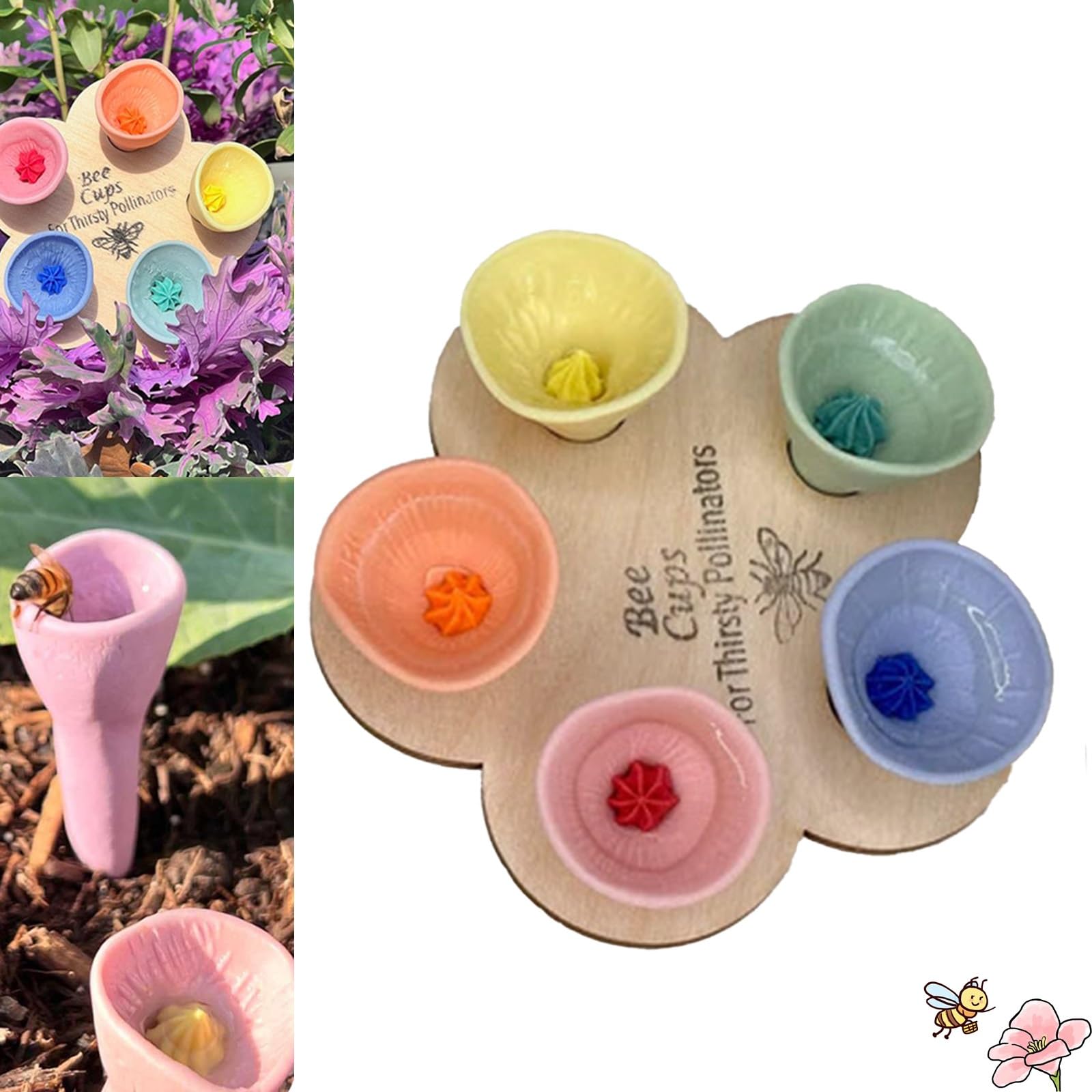 Bee Insect Drinking Cup, Colorful Bee Drinking Station with Wooden Fixed Plate, Resin U-Shaped Bee Water Feeder, Suitable for Outdoor, Garden, Balcony, Flower pots