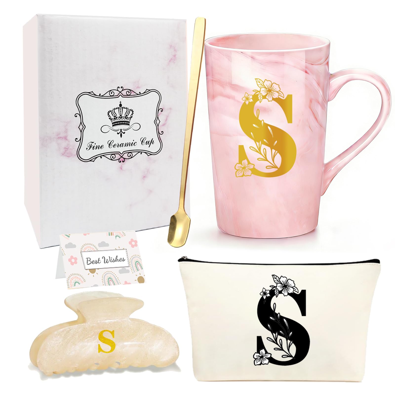 Initial Letter Gift Set for Women - Personalized Monogram Ceramic Mug Set - Initial Letter Gifts for Birthday, Bridesmaid, Mothers Day Gift for Her(S)