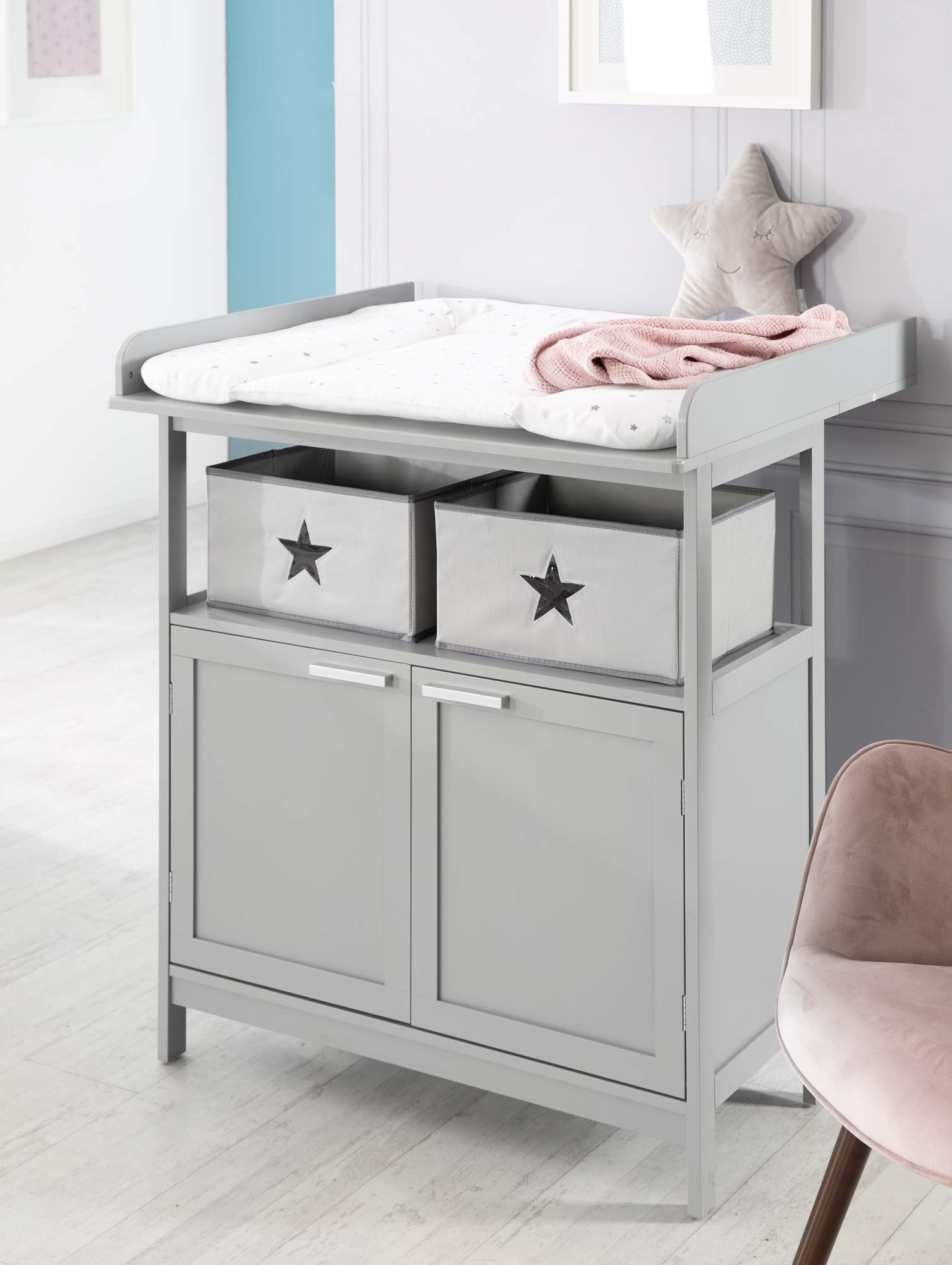 roba Zestaw pokoju dziecięcego 2-częściowy - Komoda z odpinanym blatem do przewijania + Łóżeczko dziecięce 60 x 120 cm z funkcją jako łóżko przyściennie - Drewno szare