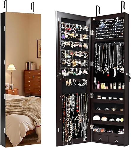 Giantex Armario de joyería para puerta de pared con espejo de longitud completa, 2 LED con cerradura grande organizador de joyas con espejo ancho,