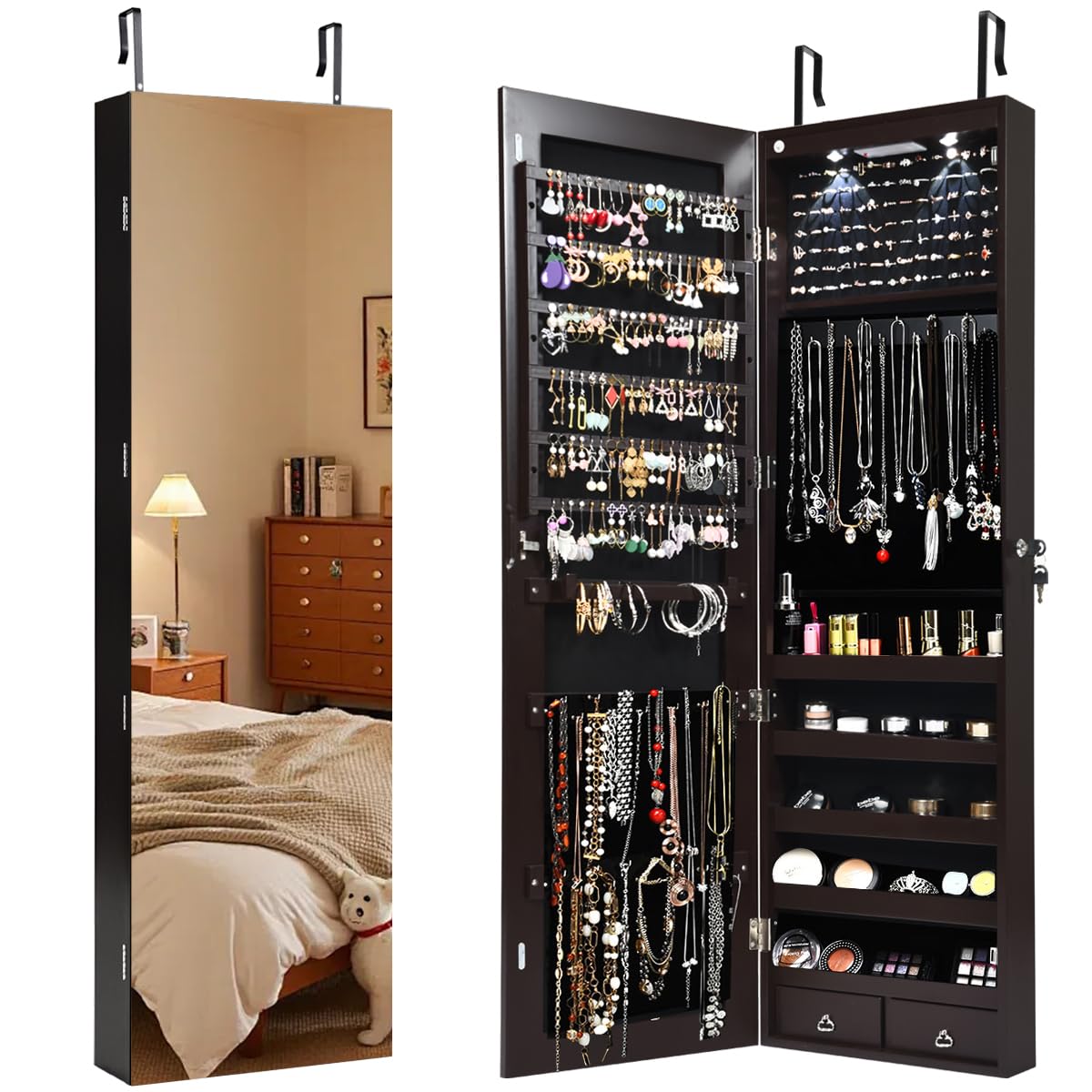 Giantex Wall Door Mounted Jewelry Armoire Cabinet with 47.5" H Full Length Mirror, 2 LEDs Lockable Jewelry Organizer Box with Bracelet Rod, 2 Drawers, Large Storage Capacity (Espresso)