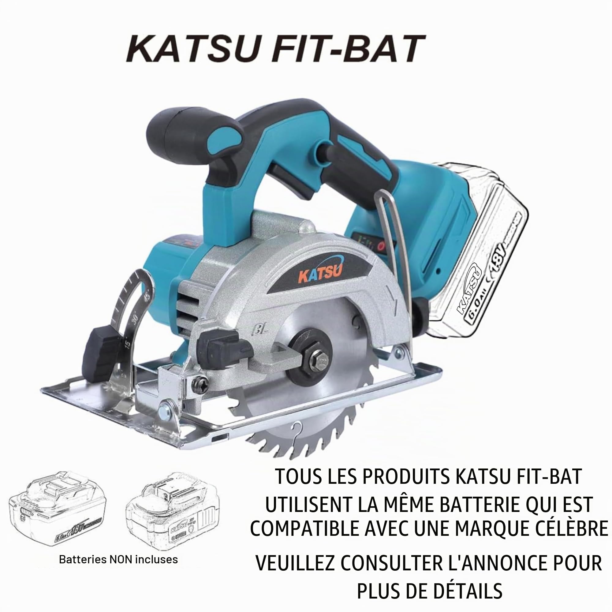 Scie Circulaire sans Fil KATSU FIT-BAT 21V, Scie Circulaire électrique 5" avec Moteur sans Balai, 13000RPM, 30mm Profondeur de Coupe, Lame de Coupe 125mm Incluse, sans Batterie 102794