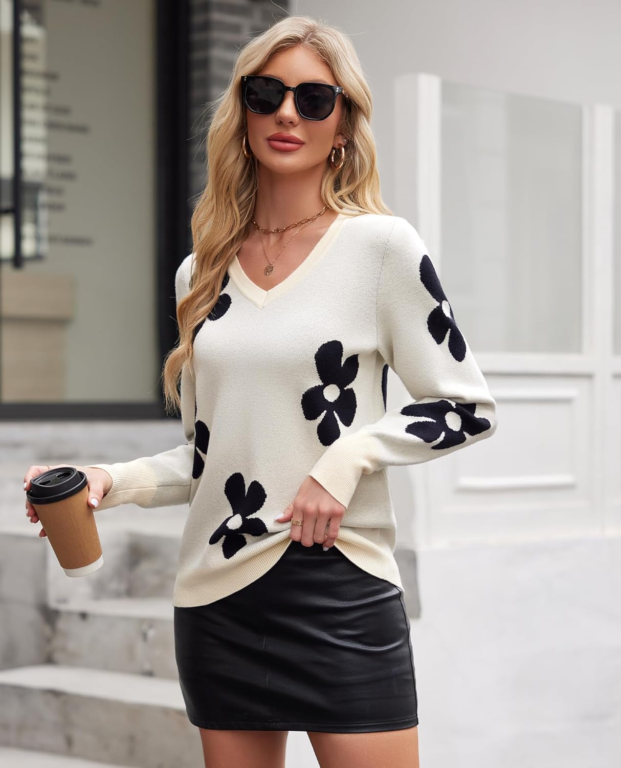 Womens V Neck Knit Sweaters Long Sleeve Lightweight Pullover Printed Cute Tops Winter Casual Fashion Outfits - Image 4