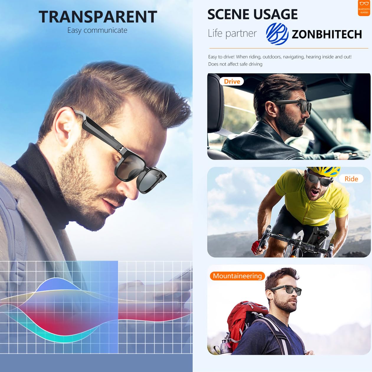 Occhiali intelligenti con altoparlante Bluetooth, orecchio aperto, occhiali smart audio per esterni, protezione UV, per uomini e donne, unisex, 09 (nero)