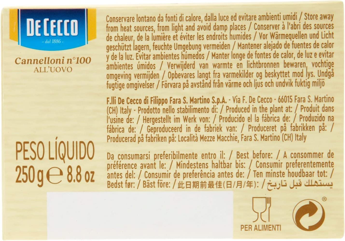 20 x De Cecco Pasta Canelones n. 100 Uovo Pasta de huevo 250 g