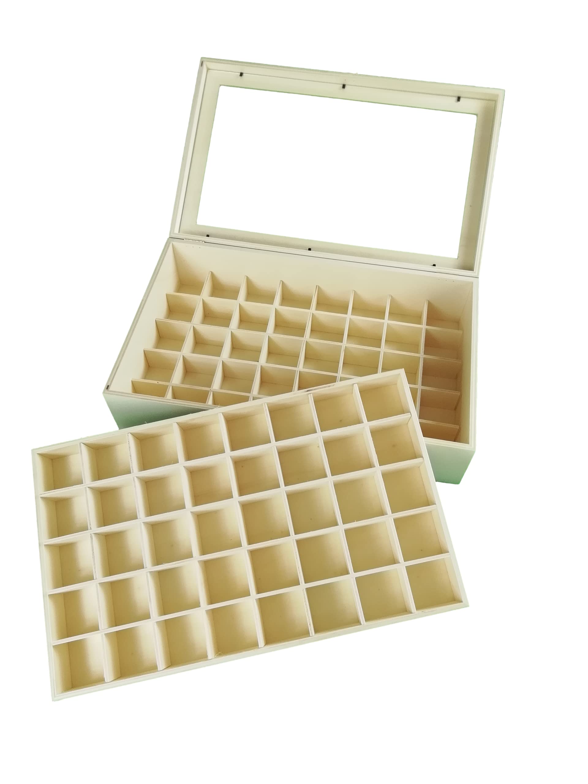 GRECA Caja colecciones. Con doble piso. En madera de chopo. Interior con departamentos para colecciones (2 bandejas). En crudo. Medidas: 45 * 28 * 11 cms.