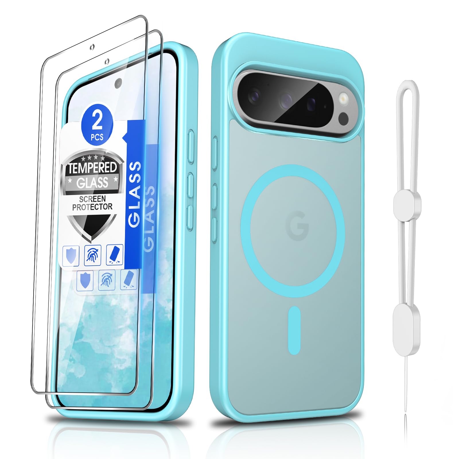 Dizn Magnetic for Google Pixel 9 Pro XL Case:[Not Fit Pixel 9/9 Pro],with Glass Screen Protector,Strap,[Fit for MagSafe],Matte Translucent,Military Funda Protective,Funda para 9Pro XL,Teal