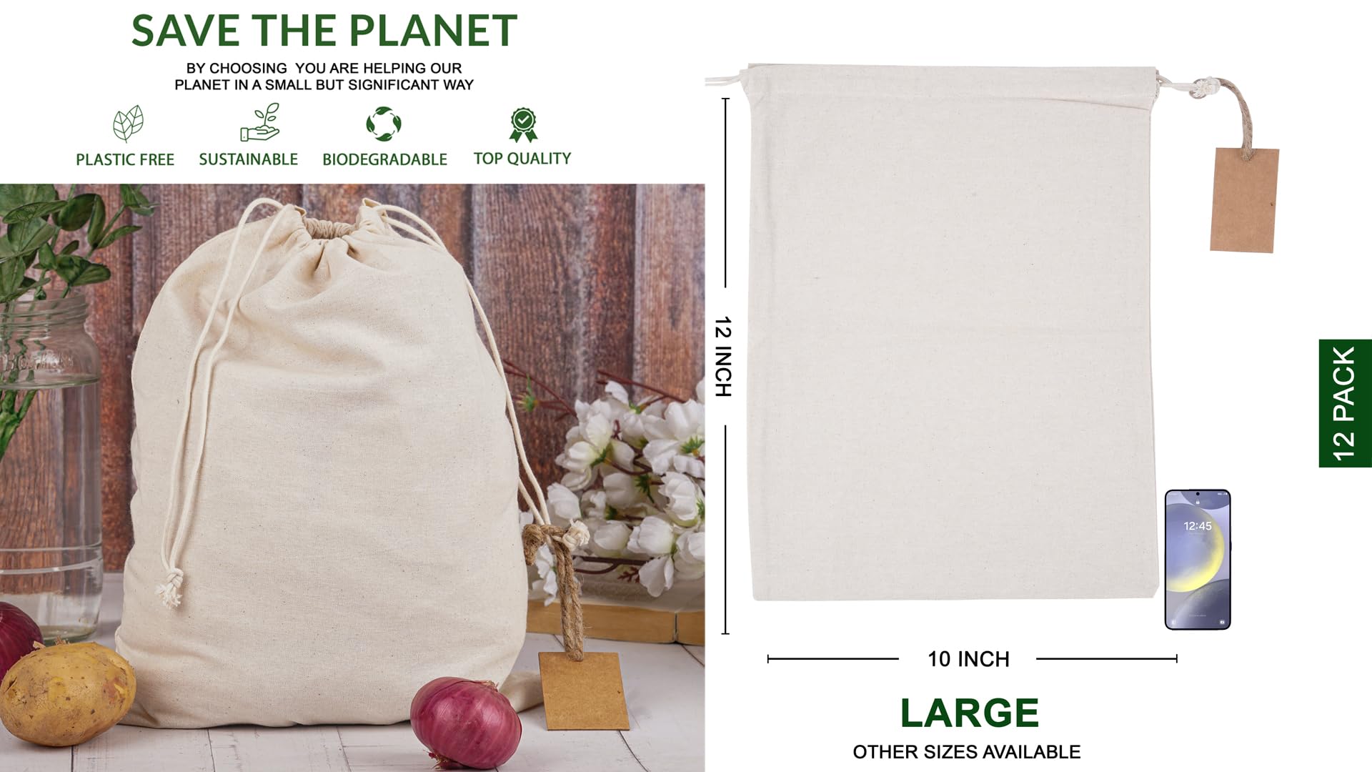 Marubhumi Cotton Storage Bags with Drawstrings Large 10x12 Inch - 12 Pcs Reusable Muslin Bulk Flour Sack Bag,Cotton Fabric Bread Bags Bulk Food Produce Natural Storage Bag