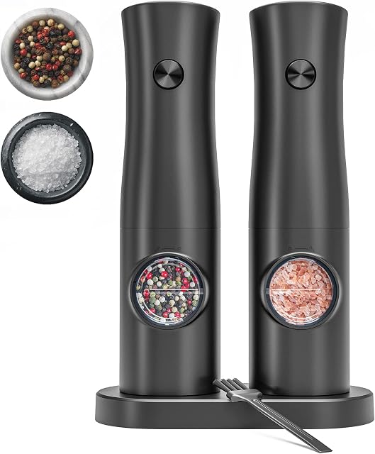Electric Salt and Pepper Grinder Set with Storage Base, One Hand Automatic Operation Battery Powered, Adjustable Coarseness Mill with LED Light