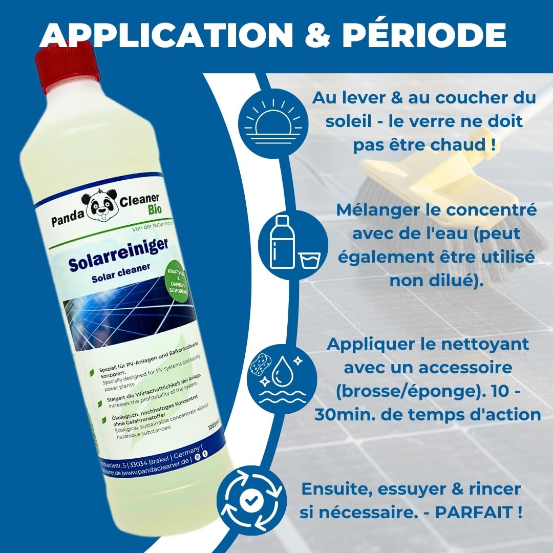 PandaCleaner Nettoyant solaire bio - 2 l de nettoyant photovoltaïque - Haute concentration 1:100 - Nettoyage et extension de la durée de vie - Pour les centrales électriques de balcon (2 x 1 l)