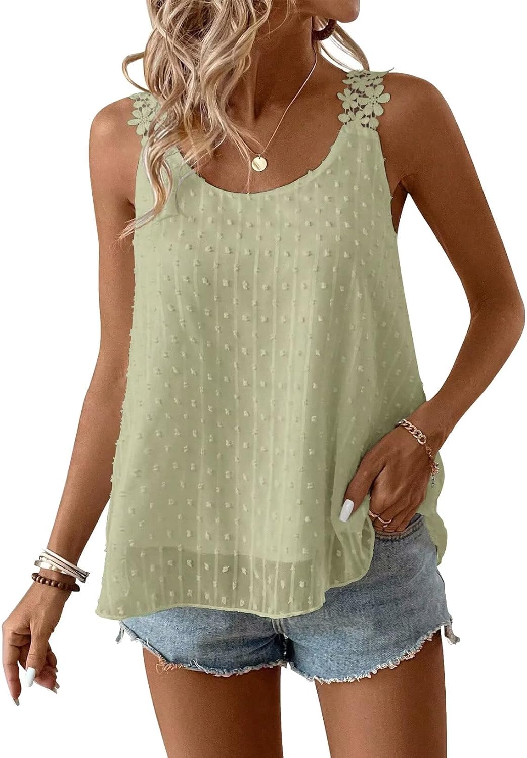 Womens Tank Tops Flowy Sleeveless Summer Boho Tank Top for Women Casual Crewneck Strap Lace Camisole Shirts