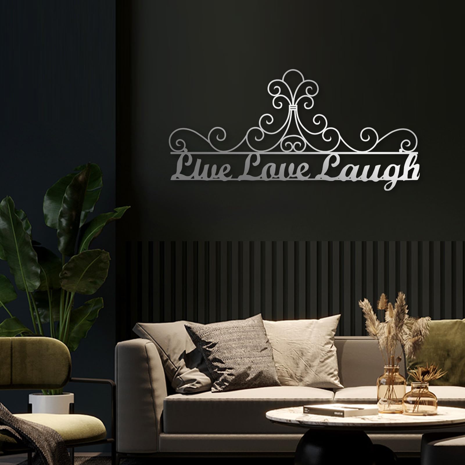 Metallo Argento Live Love Laugh Wall Art Metallo Ornato Scroll Boho Arte Moderna Decorazione Parete Live Love Laugh Opera d'Arte Decorazione Scultura Moderna per Soggiorno Camera da Letto Corridoio e