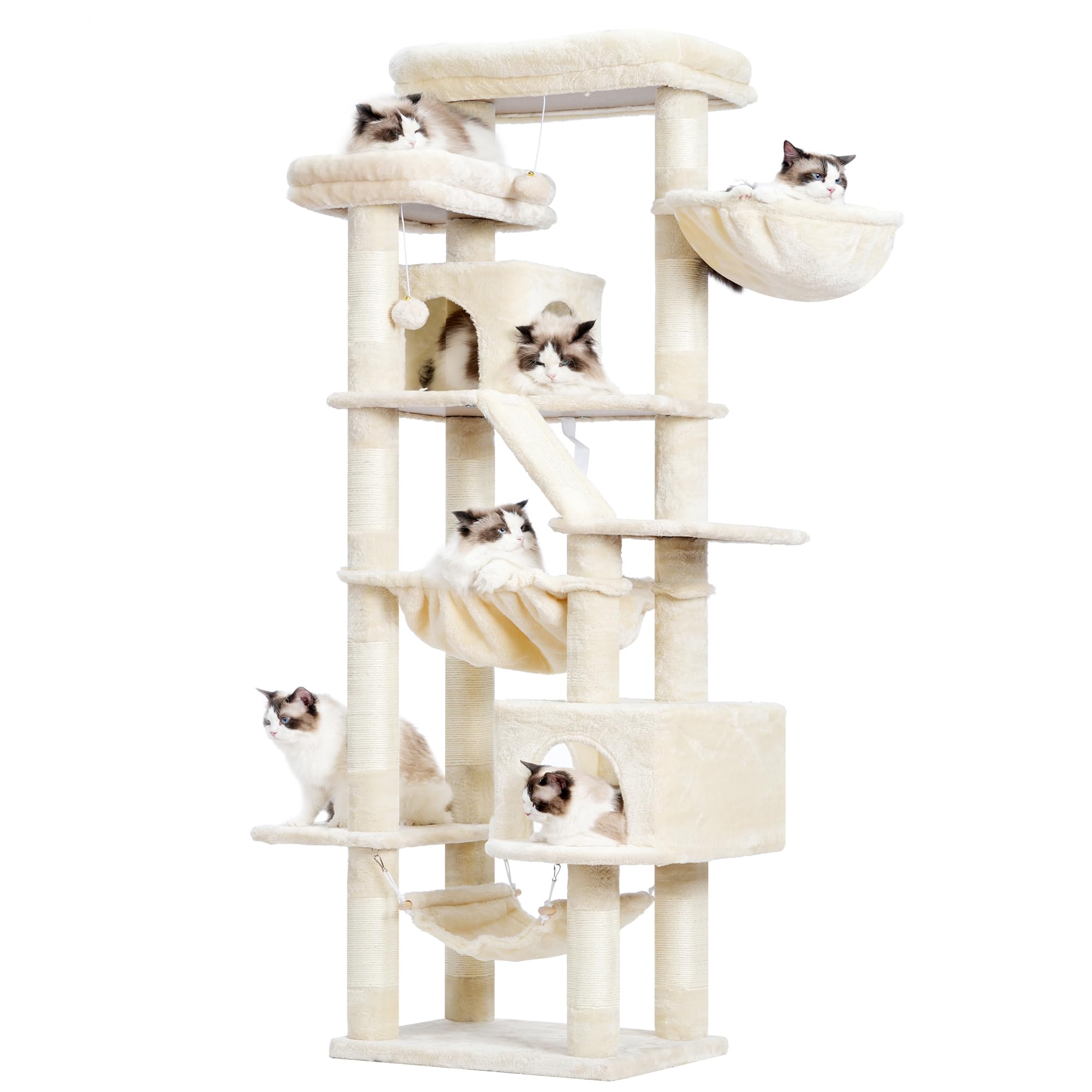 Heybly Cat Tree，71-Inch Tall Tower for Indoor Cats with 2 Perches, 2 Big Condos, 2 Hammocks, Basket, Scratching Pad，Large Cat Furniture and Condo, Beige HCT034M
