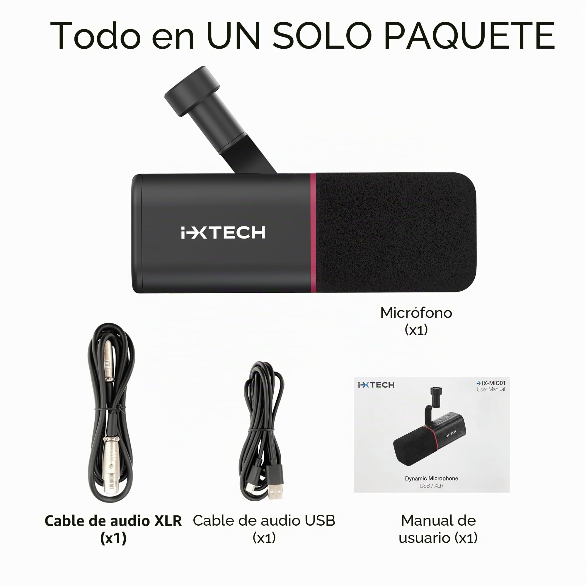 IXTECH Micrófono dinámico cardioide con Cubierta de micrófono, micrófono Vocal USB XLR para podcasting, transmisión, grabación, Juegos y Voz en Off (Negro)