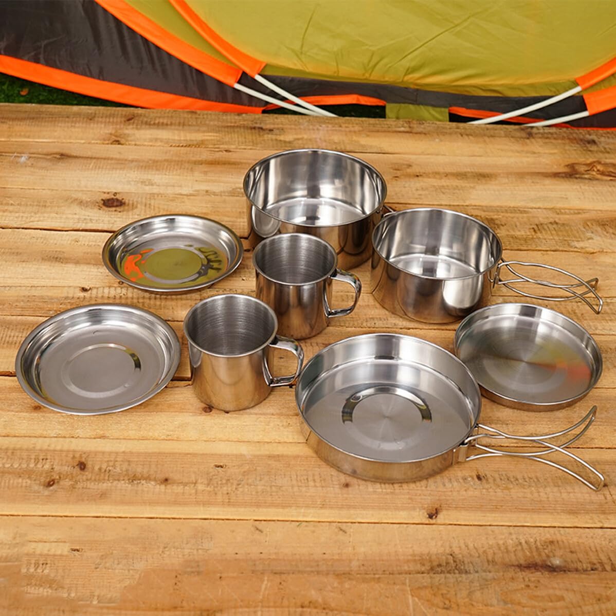 Zerodeko Ensemble Cuisine de Camping en Acier Inoxydable Poignées Pliables, Multi-Fonction, Comprenant Casserole, Poêle, Assiettes et Tasses pour Randonnée et Pêche