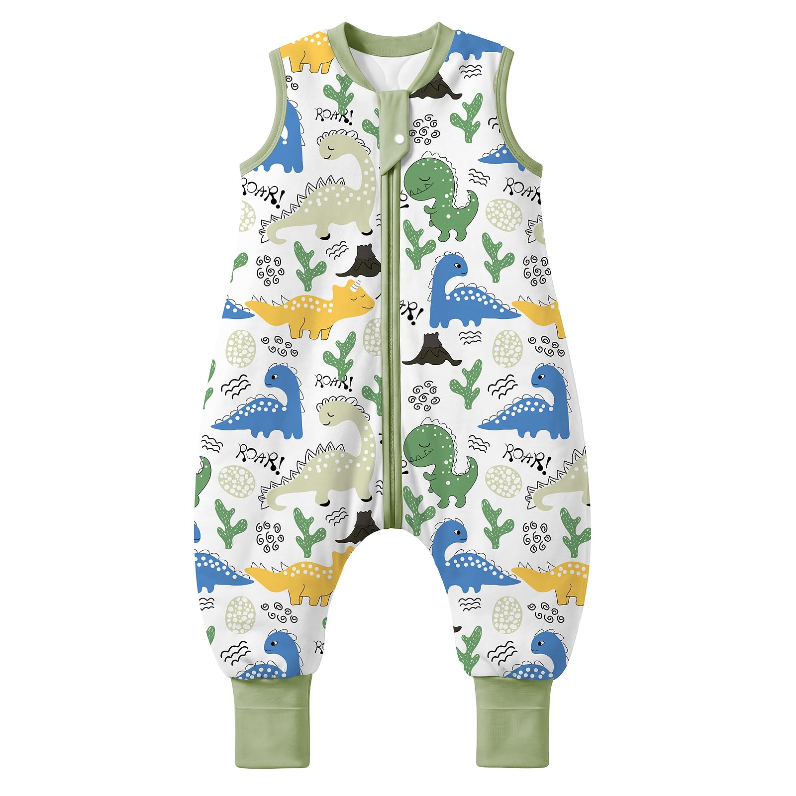 MIKAFEN Sacco Nanna con Gambe per Bambini 2,5 Tog,con Piedini,18-36 Mesi | 100% Cotone, Invernale, Cerniera Bidirezionale Sicura, Senza Maniche,Lavabile In Lavatrice, Dinosauro Verde