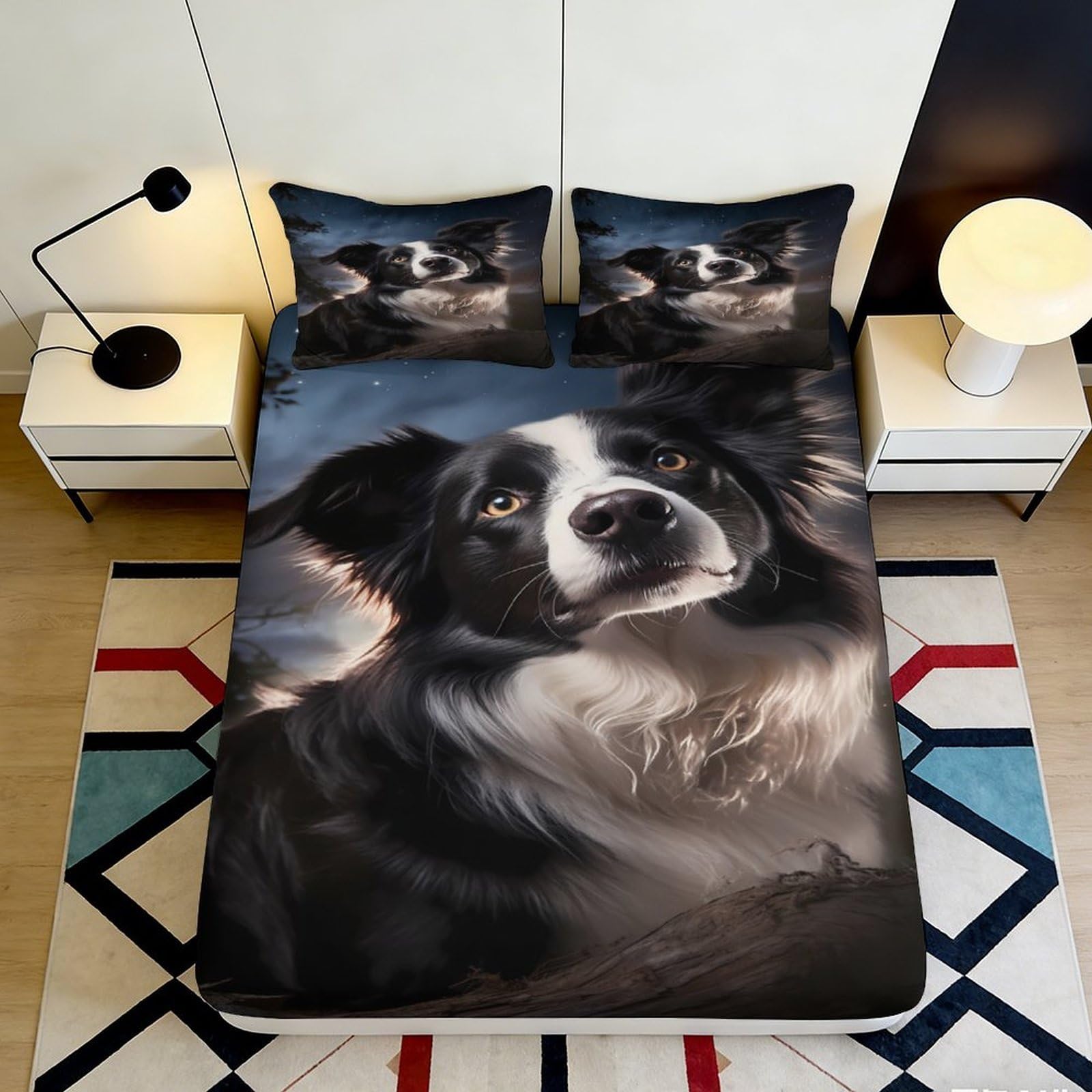 3D Printed Border Collie Fitted Sheet Microfiber Soft Breathable Dog Pattern Bed Cover for Bedroom Dormitory Guest Room Mattress Protection Decor 120x200x25cm