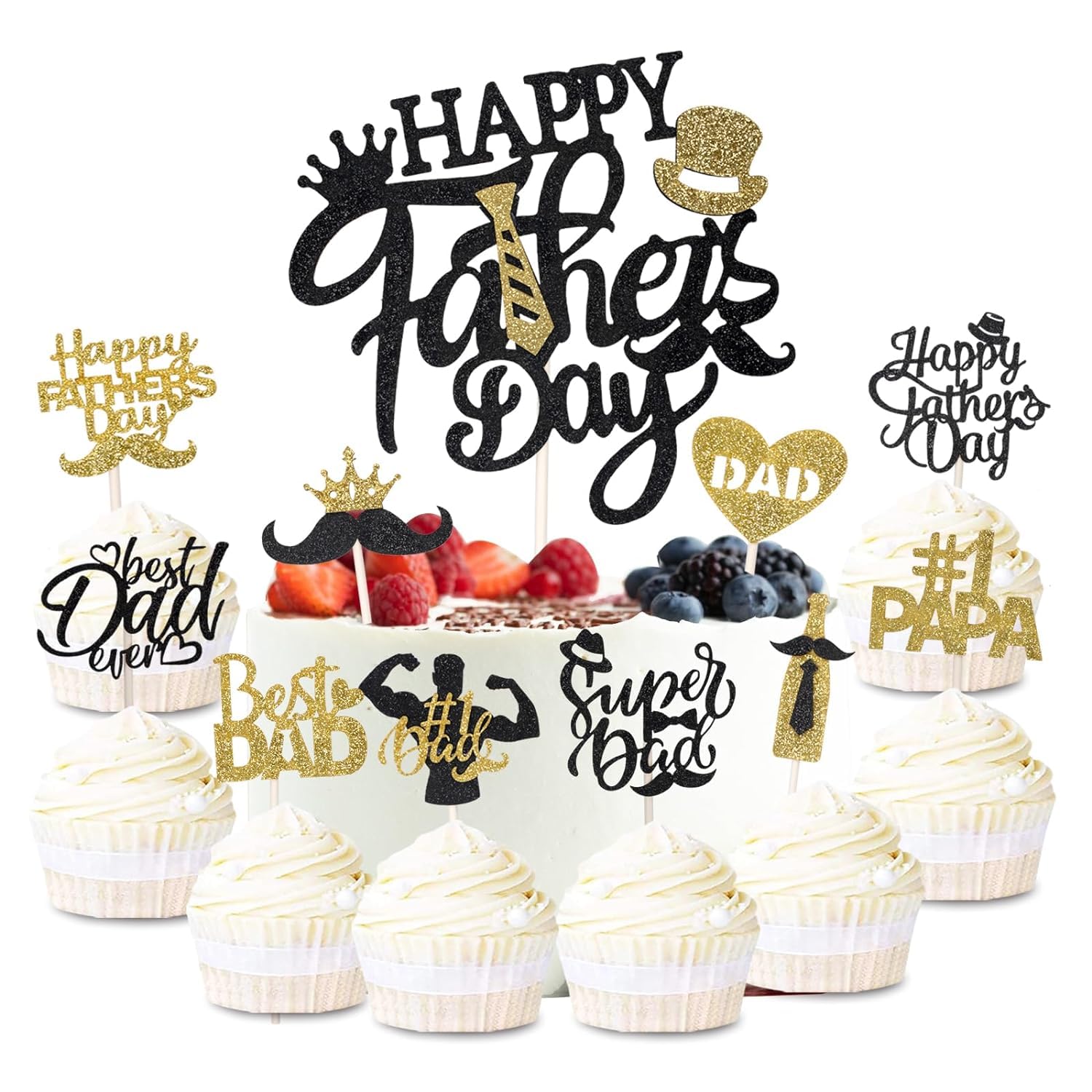 Wootkey Happy Father‘s Day Cake Topper Glittery 'Best Dad Ever' 25Pcs Black Gold Cupcake Toppers, Ideal for Father's Day & Men's Birthday Theme Cake Decorations Party Supplies