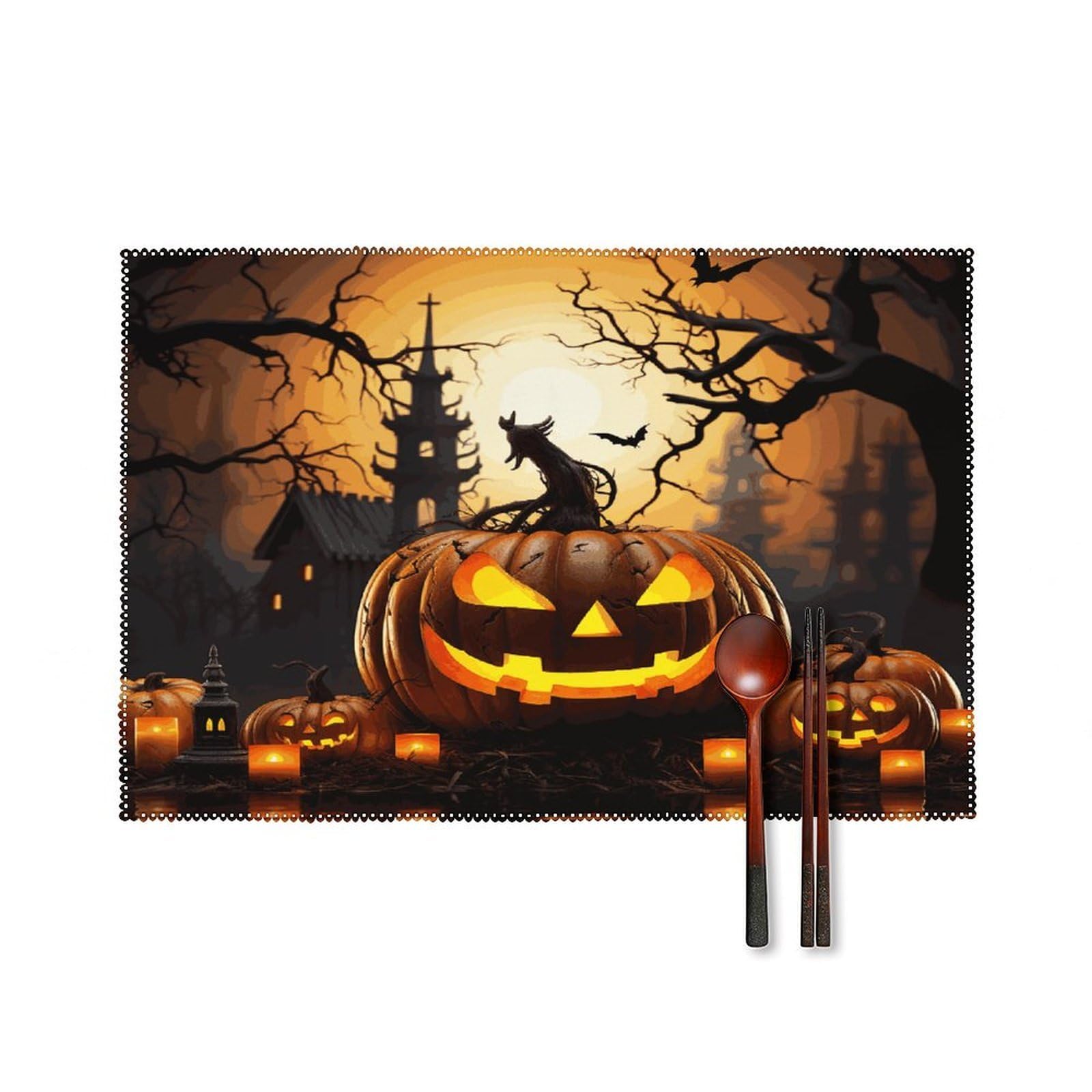 Btcowzrv Style Halloween Pumpkin Canvas Placemats Set Of 6, Wipeable Washable Place Mats For Indoor & Outdoor, Table Mat Decor For Kitchen Dining Party