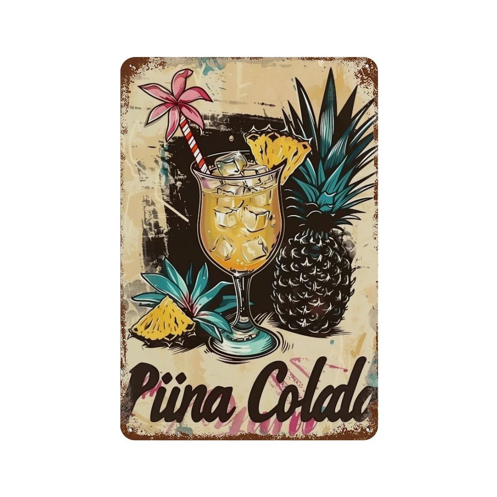 YHGERTKU Linocut Tiki Bar Pina Colada Drink Fruit 02 Wall Art Retro Iron Vintage Metal Tin Sign Poster Modern Decor for Living Rooms Gift 30x20cm