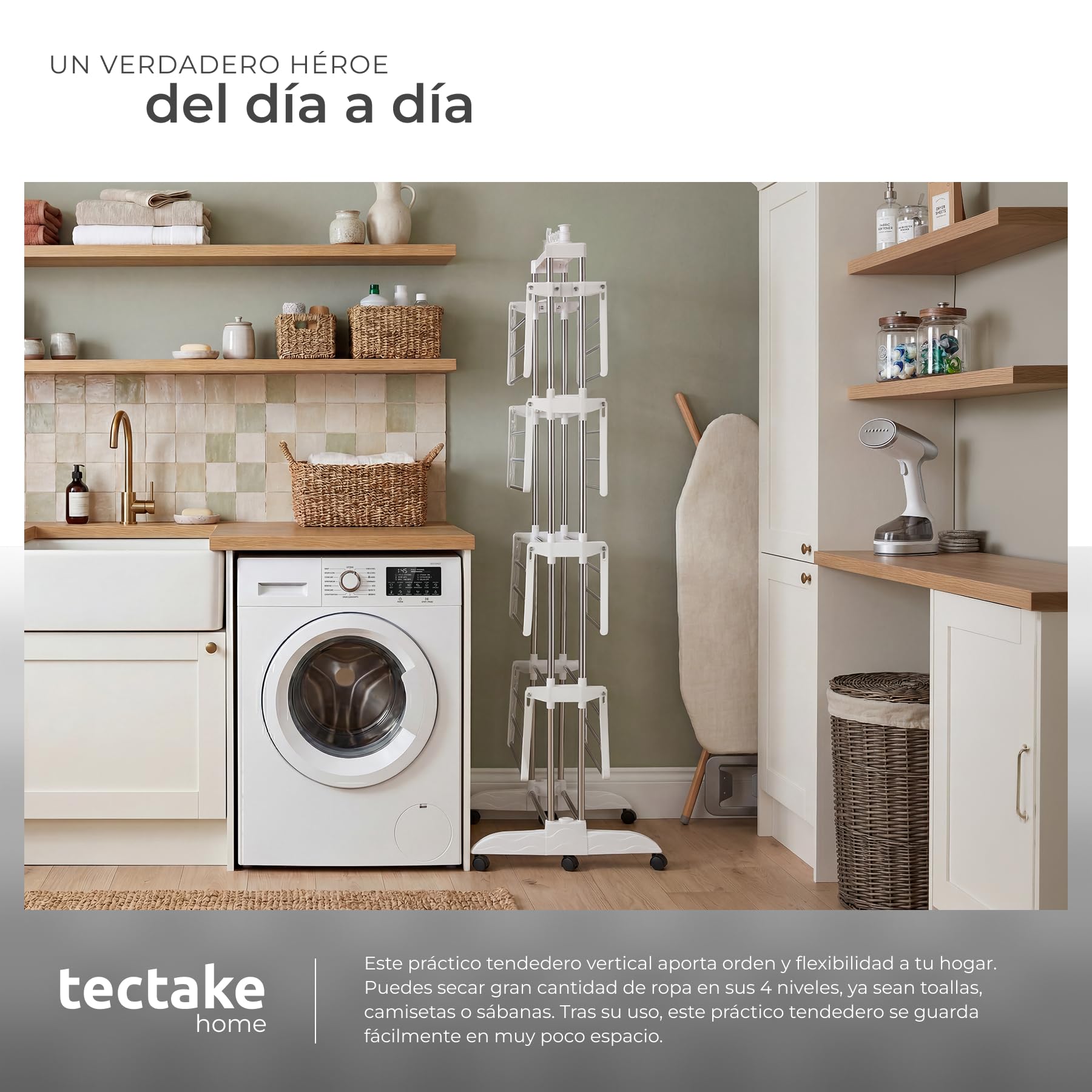 tectake® Tendedero de Torre 4 Pisos Plegable con Ruedas y Alas Abatibles