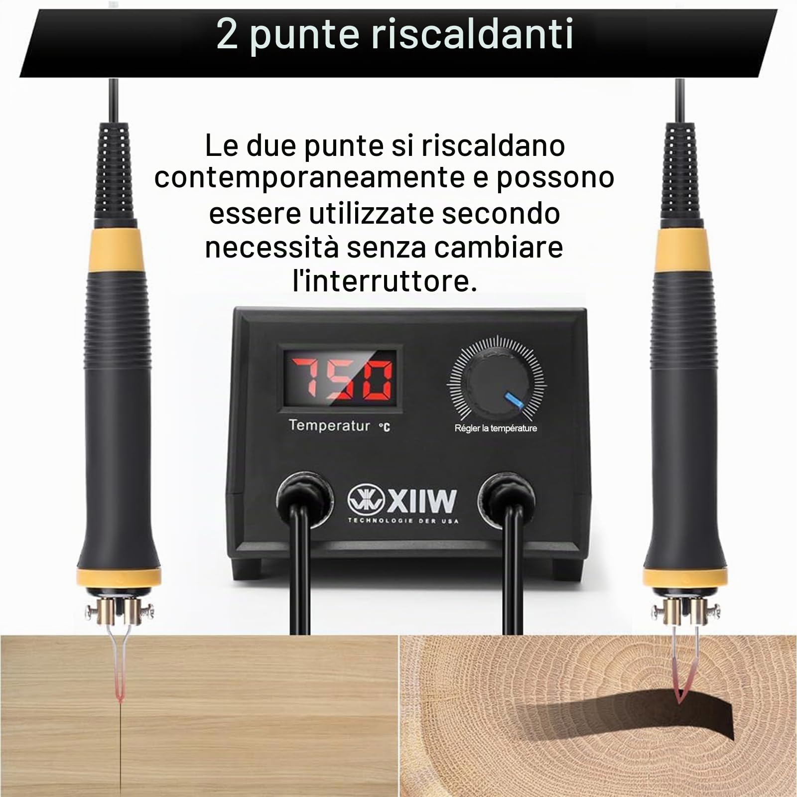 XIIW Kit Pirografo per Legno 100W | 2 Penne Pirografia e 23 Punte | 0–750°C Regolabile | Doppio Attacco | Display Digitale - Macchina Pirografica Leggera per Fai da Te e Artigianato | Regalo Creativo