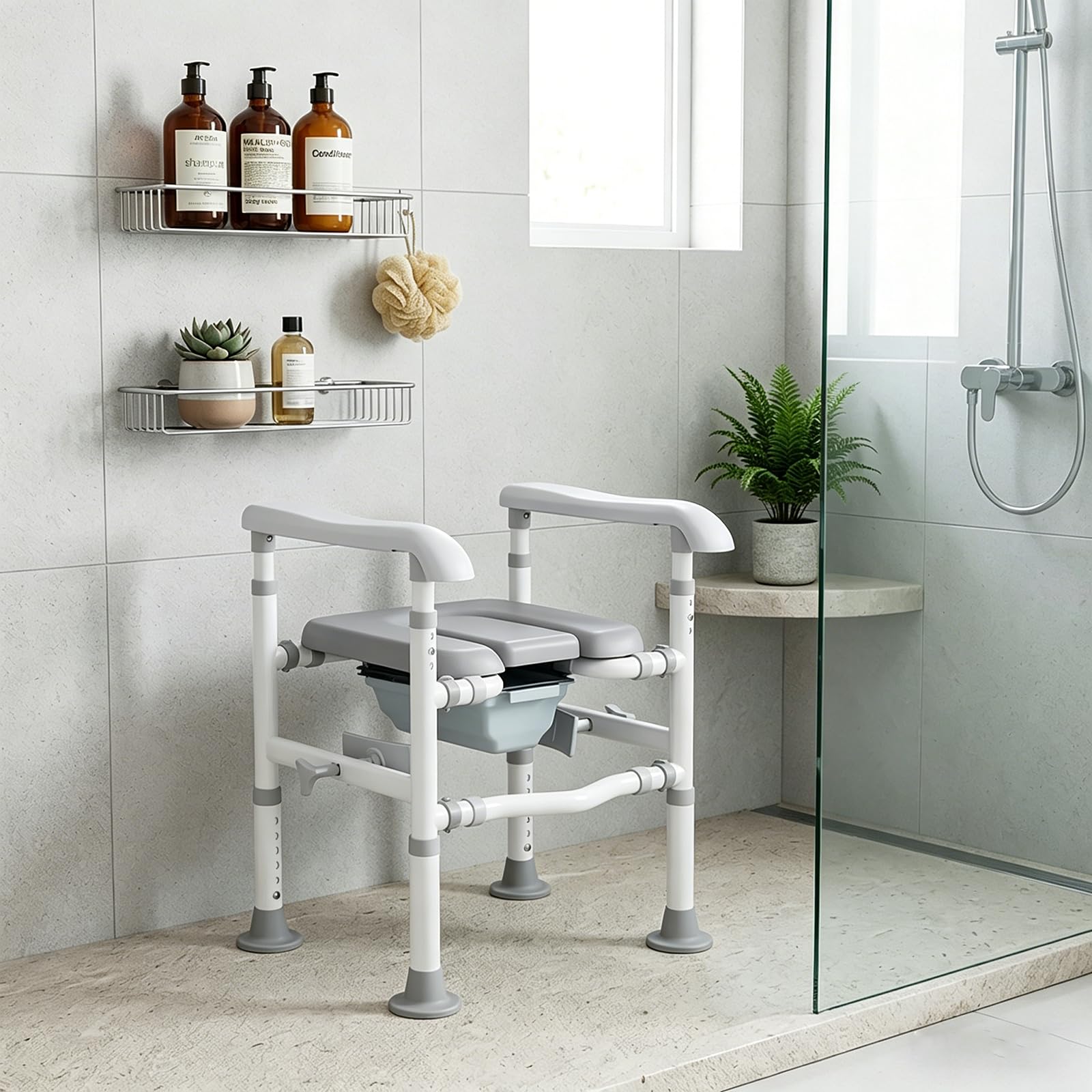 NJUN Toilettenerhöhung mit Unabhängig Verstellbare Armlehnenhöhe, 4-in-1 WC Sitzerhohung für Senioren bis 200 kg, Verstellbare Höhe & Breite Toilettenstuhl mit Gepolstertem Sitz und Abnehmbarem Eimer