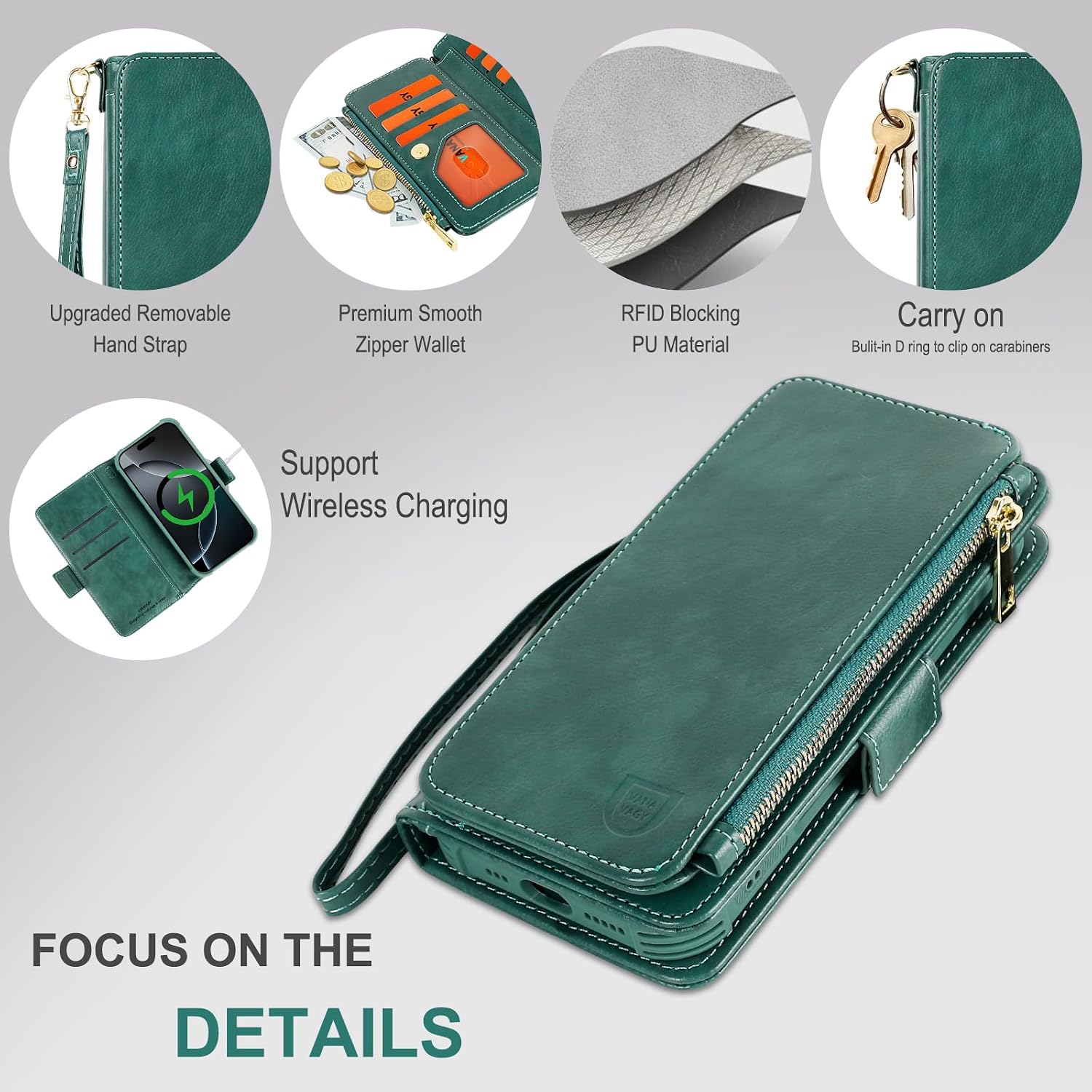 VANAVAGY Compatible with iPhone 16 Pro Wallet Case with RFID Blocking Card Holder for Women Men, PU Leather Magnetic Strap Wallet Detachable Phone Case with Kickstand for 16pro 6.3inch,Forest Green