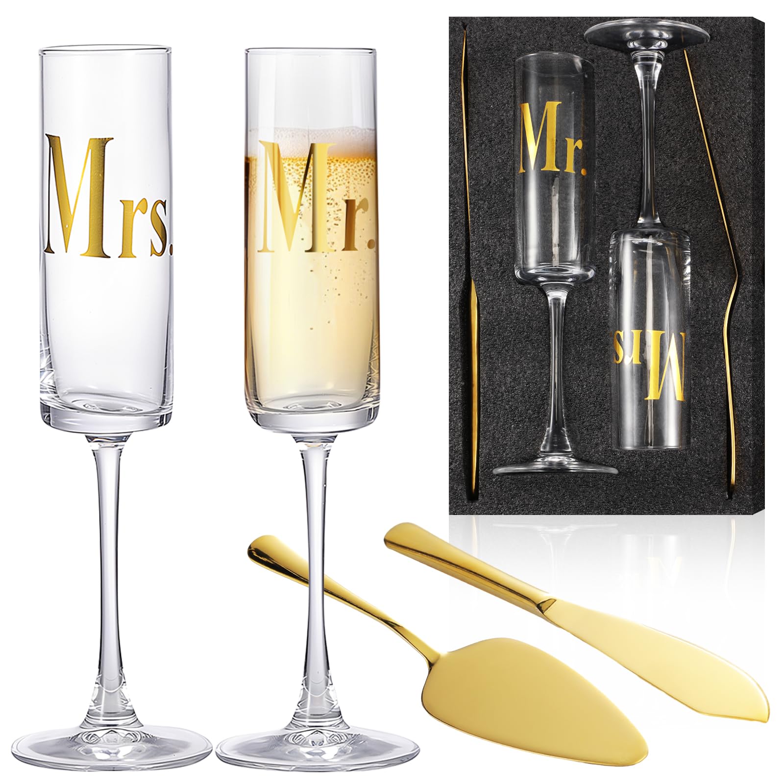 Didaey 4 Pieces Wedding Toasting Champagne Flutes and Cake Server Set, 2 Crystal Glass Champagne Flutes and 2 Cake Knife Cutting Set for Wedding Anniversary Birthday Party Gifts, 7 oz (Gold)