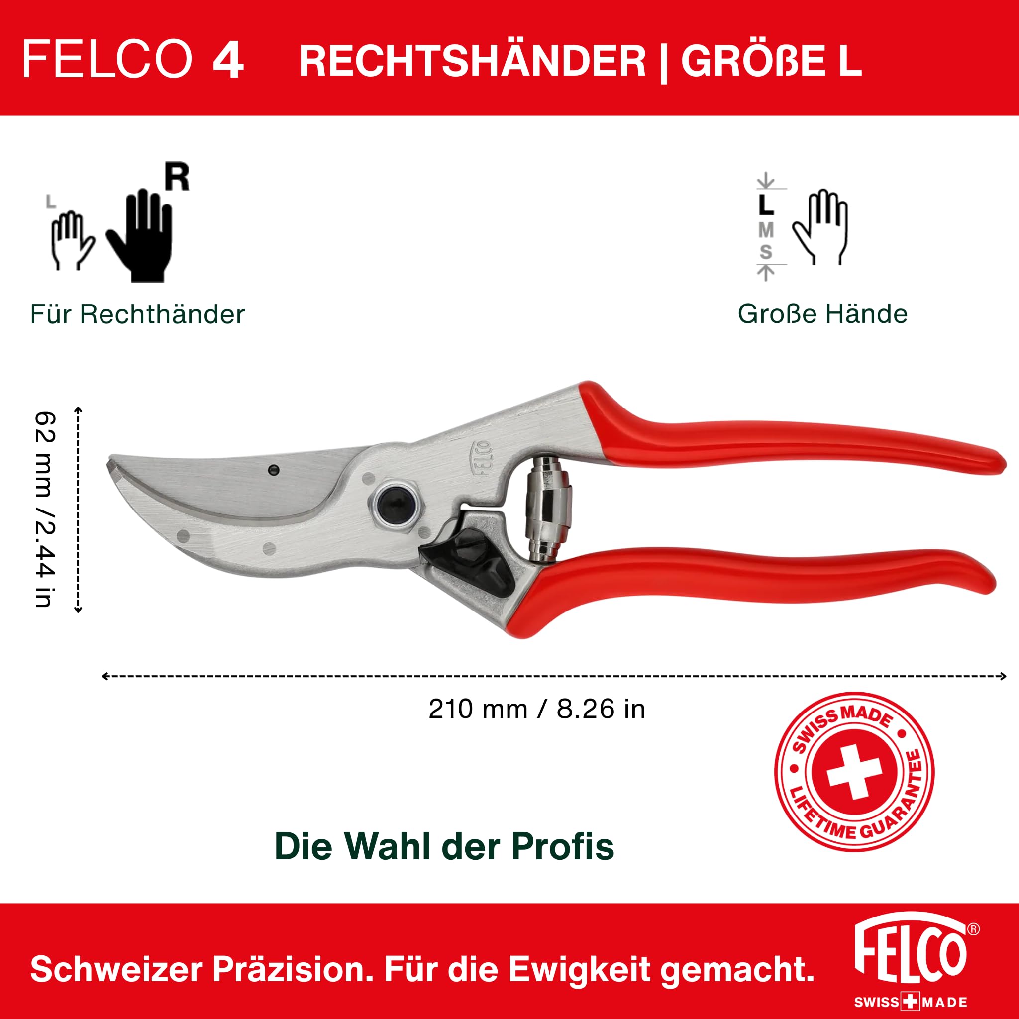 FELCO 4 Bypass-Gartenschere für Rechtshänder mit großen Händen, 25 mm