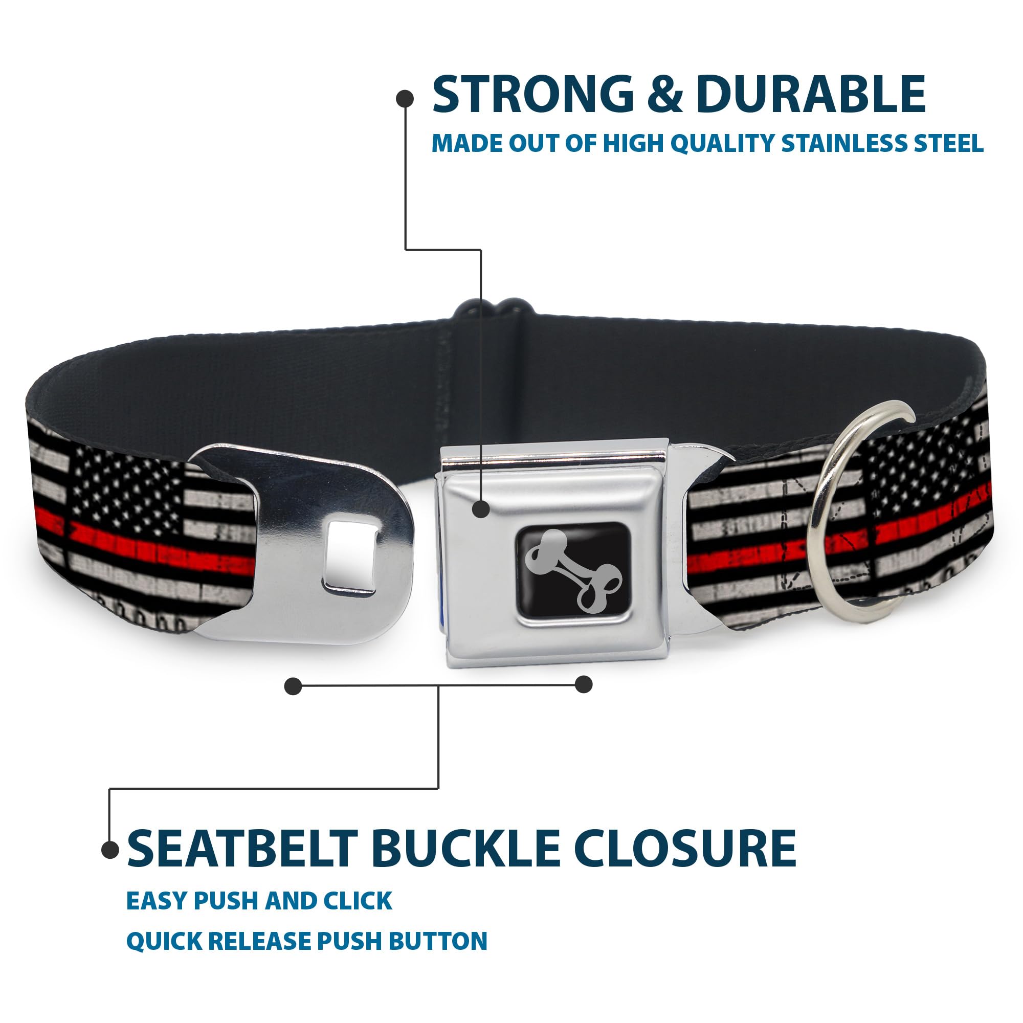 Buckle-Down Boucle de Ceinture de sécurité pour Chien – Ligne Rouge Mince avec Drapeau patiné Noir/Gris/Rouge