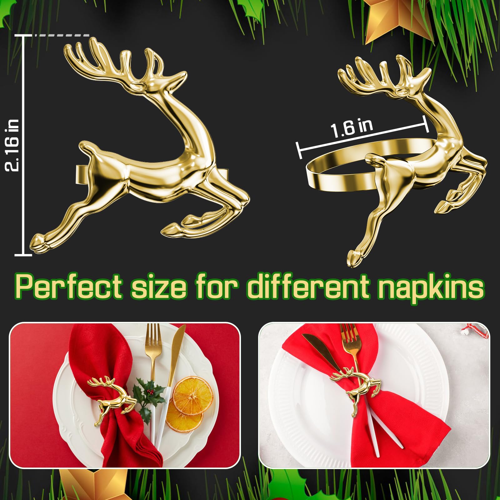 ZeeDix Set di 24 portatovaglioli natalizi con renna dorata, portatovaglioli per cena di Natale, decorazione da tavola, tovaglioli, ricevimenti di nozze, feste di vacanza, banchetti e cucina di casa