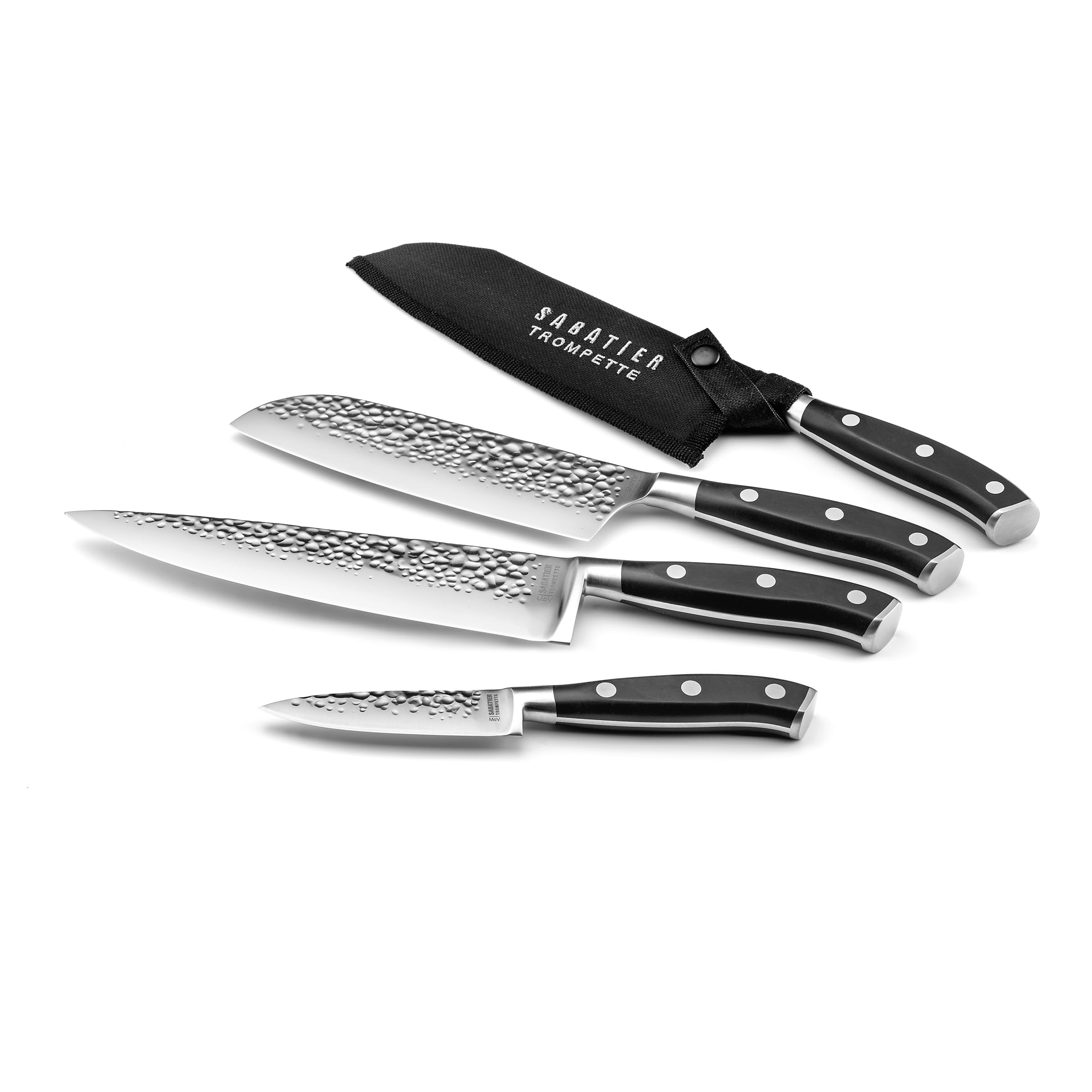 SABATIER TROMPETTE - Bloc tiges spaghetti Bambou avec 4 couteaux de cuisine : Office, 2 Chefs, Santoku - Carbon - Acier 5Cr15MoV finition martelée manche POM avec 3 rivets inox - 26 x 15.5 cm - Inox