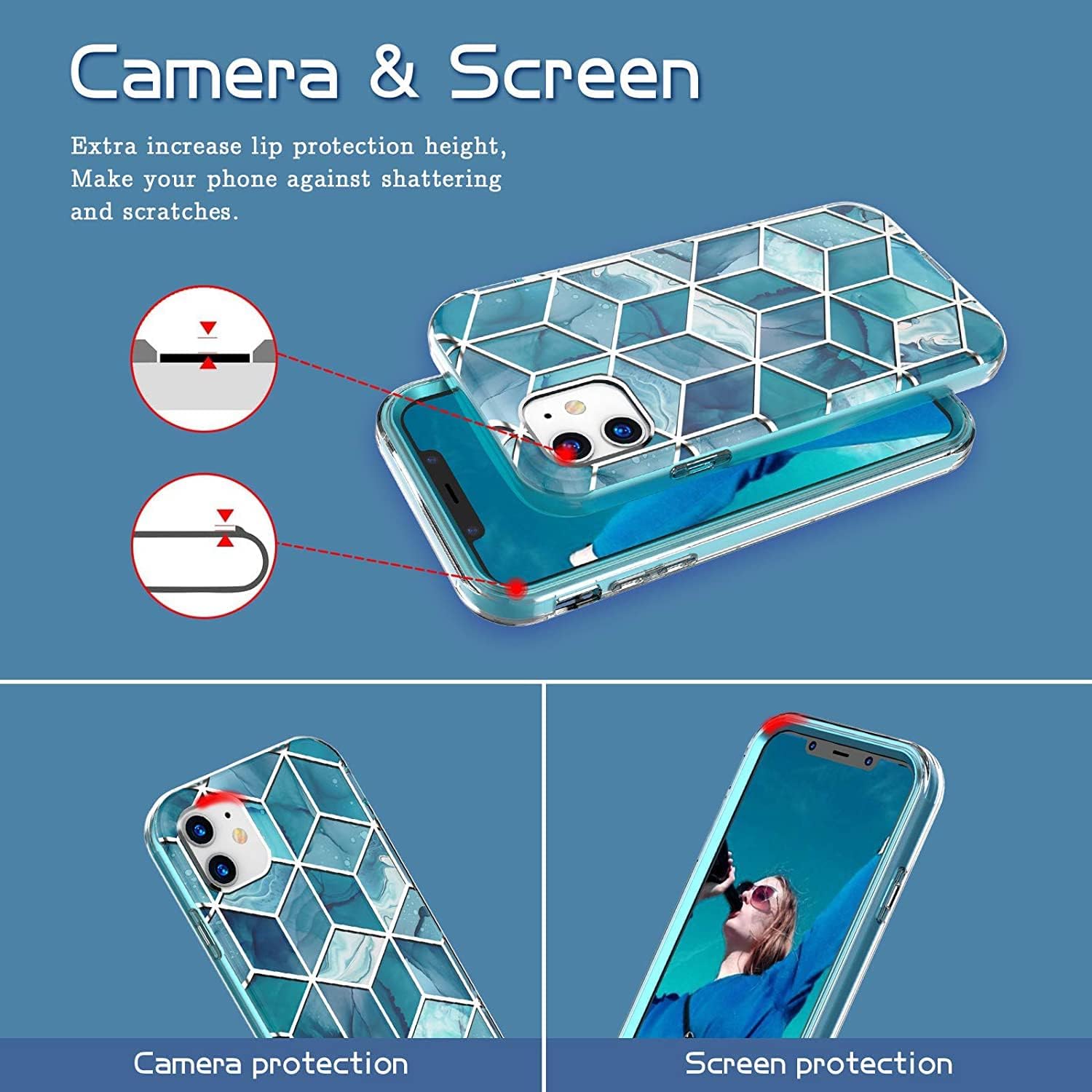 Hasaky Case for Apple iPhone 11 Case 6.1 Inch,Dual Layer Hybrid Bumper Clear Cute Navy Blue Marble Design Soft TPU+Hard Back Heavy Duty Anti-Scratch Shockproof Protective Phone Case - Blue/Marble.