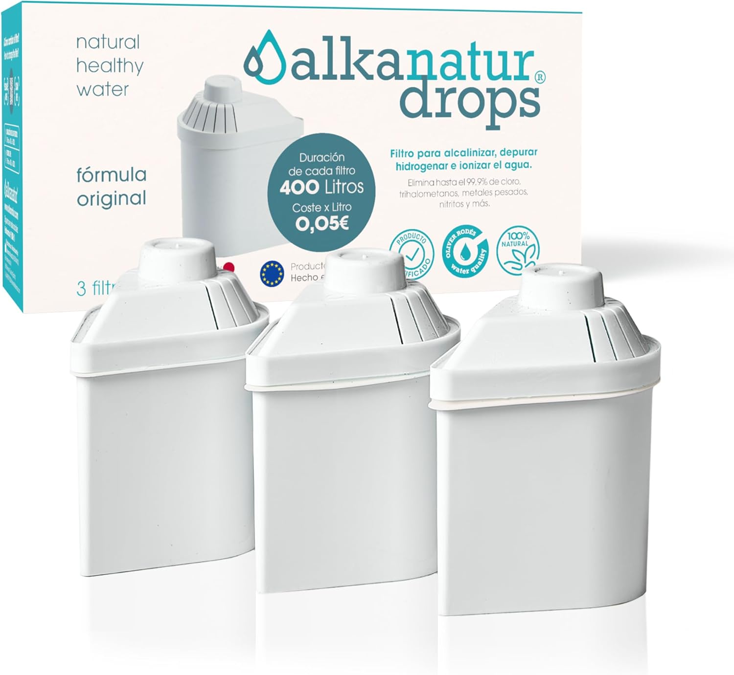 Alkanatur Filter Replacement for Pitcher (Pack of 3) - Removes Fluorides, Chlorine, Heavy Metals - Filters 400 liters of Tap Water - Replace After 3 Months - CE, ROHS, SGS Certified Water Filter
