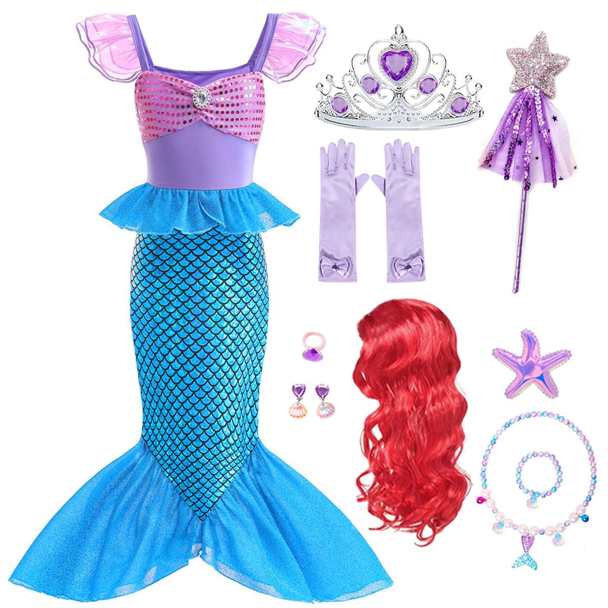 Costumi Sirenetta Principessa Ariel Bambine Vestito Sirena Ragazza con Parrucca per Festa Compleanno Carnevale Halloween