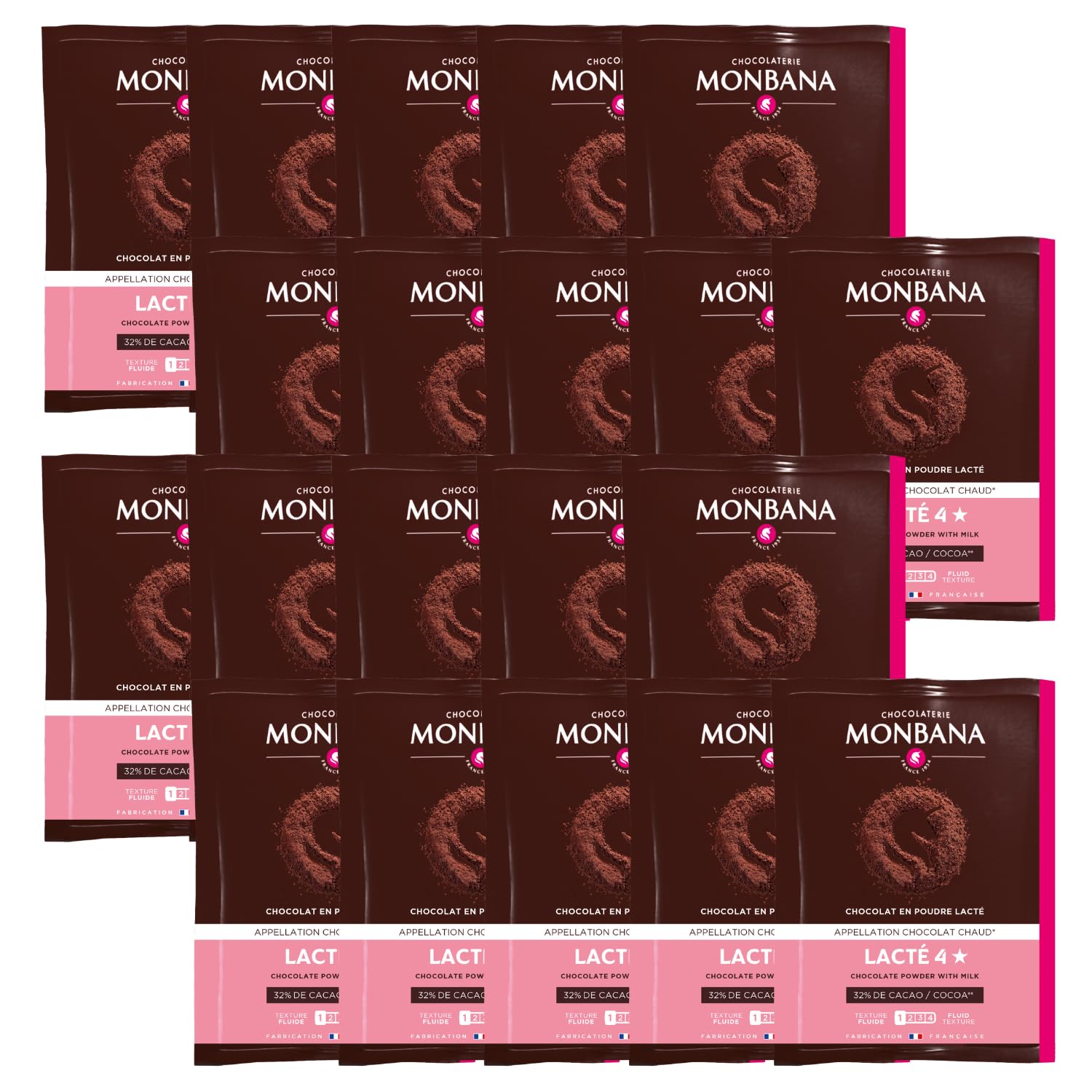 MONBANA | 20 sachets de chocolat Lacté 4* | Doses individuelles de 30 g de chocolat en poudre à déguster tout au long de la journée