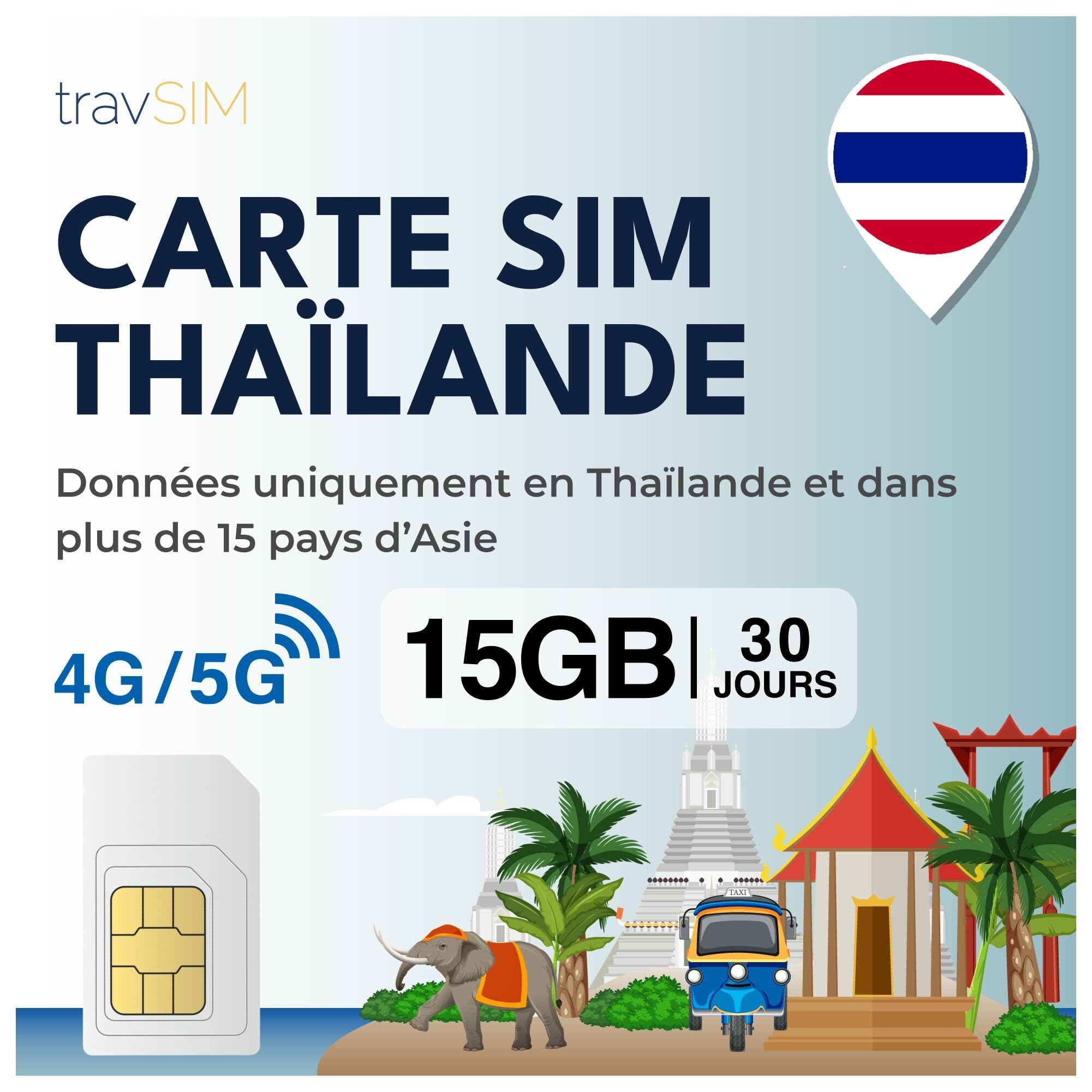 travSIM Thaïlande Carte SIM | 15GB de données Mobiles | Fonctionne sur Les appareils iOS et Android | Le Plan sur Cette Carte SIM pour la Thaïlande est valable 30 Jours