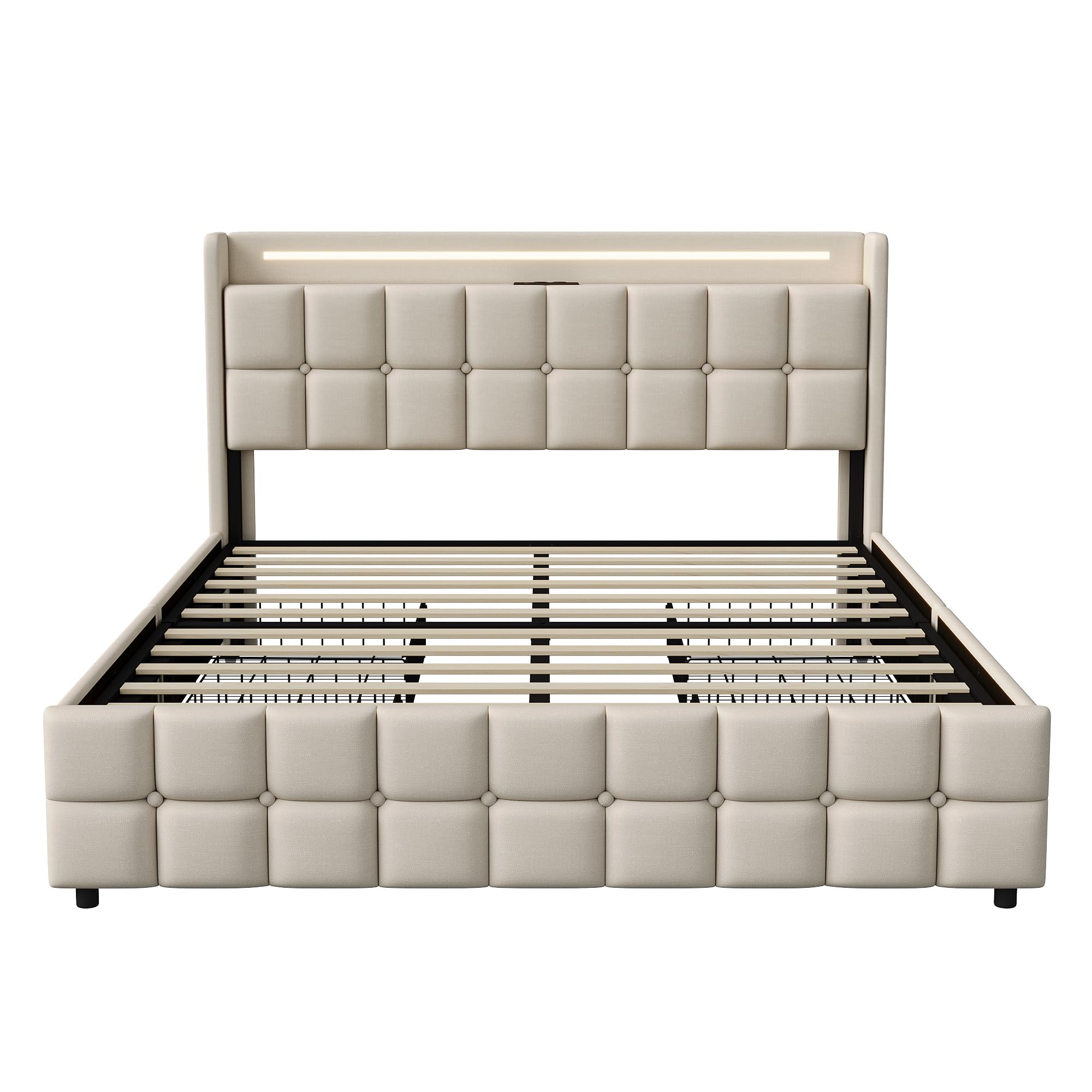Polsterbett 180x200 mit LED, Doppelbett mit 4 Schubladen Stauraum und Kopfteil, Stauraumbett Jugendbett mit USB & Type-C, Bettgestell mit Lattenrost,Leinen in Beige, Ohne Matratze
