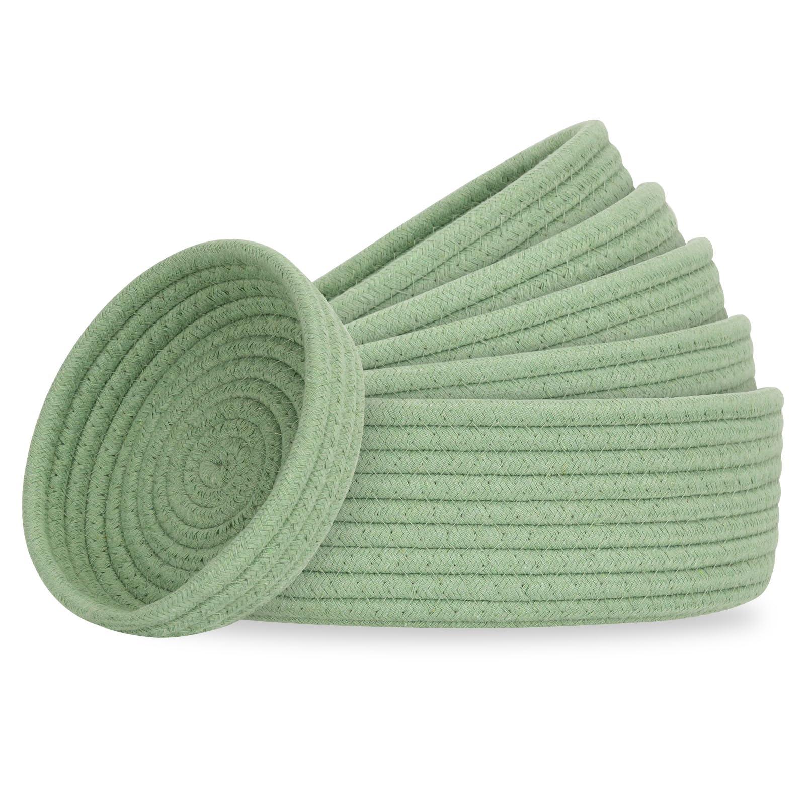 Small Shelf Storage Baskets for Organizing, 6 Pack Round Cotton Rope Bins, Decorative and Cute Woven Baskets for Bedroom and Closet, Key Tray Bowl, Home Decor Countertop Organizer (Green)