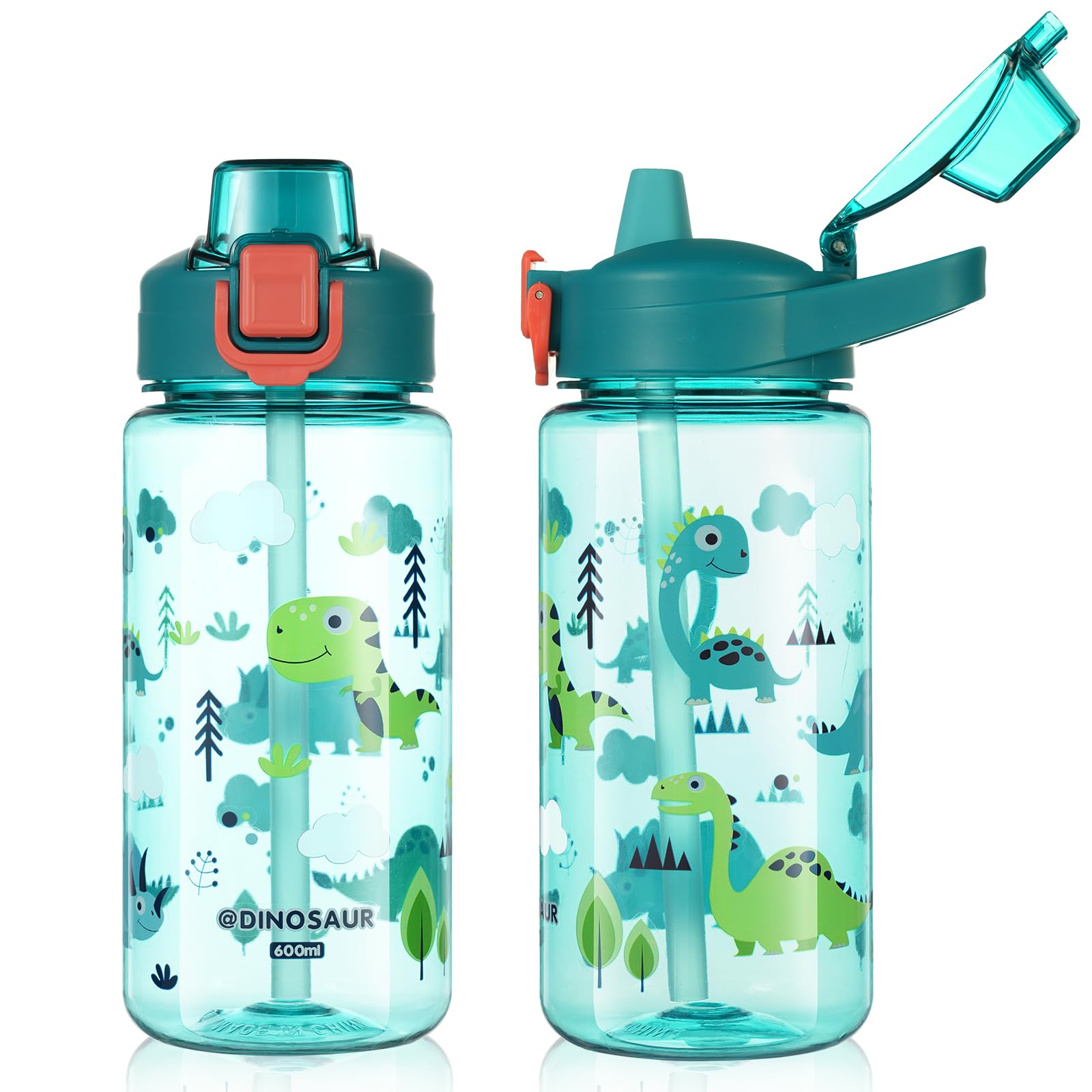 flintronic Botella de Agua Niños y Niñas, Niños Botellas Agua, Botella de Agua Pajita para Infantil, Sin BPA, Sin Fugas, Reutilizable, 600ml, Plástico -dinosaurio azul